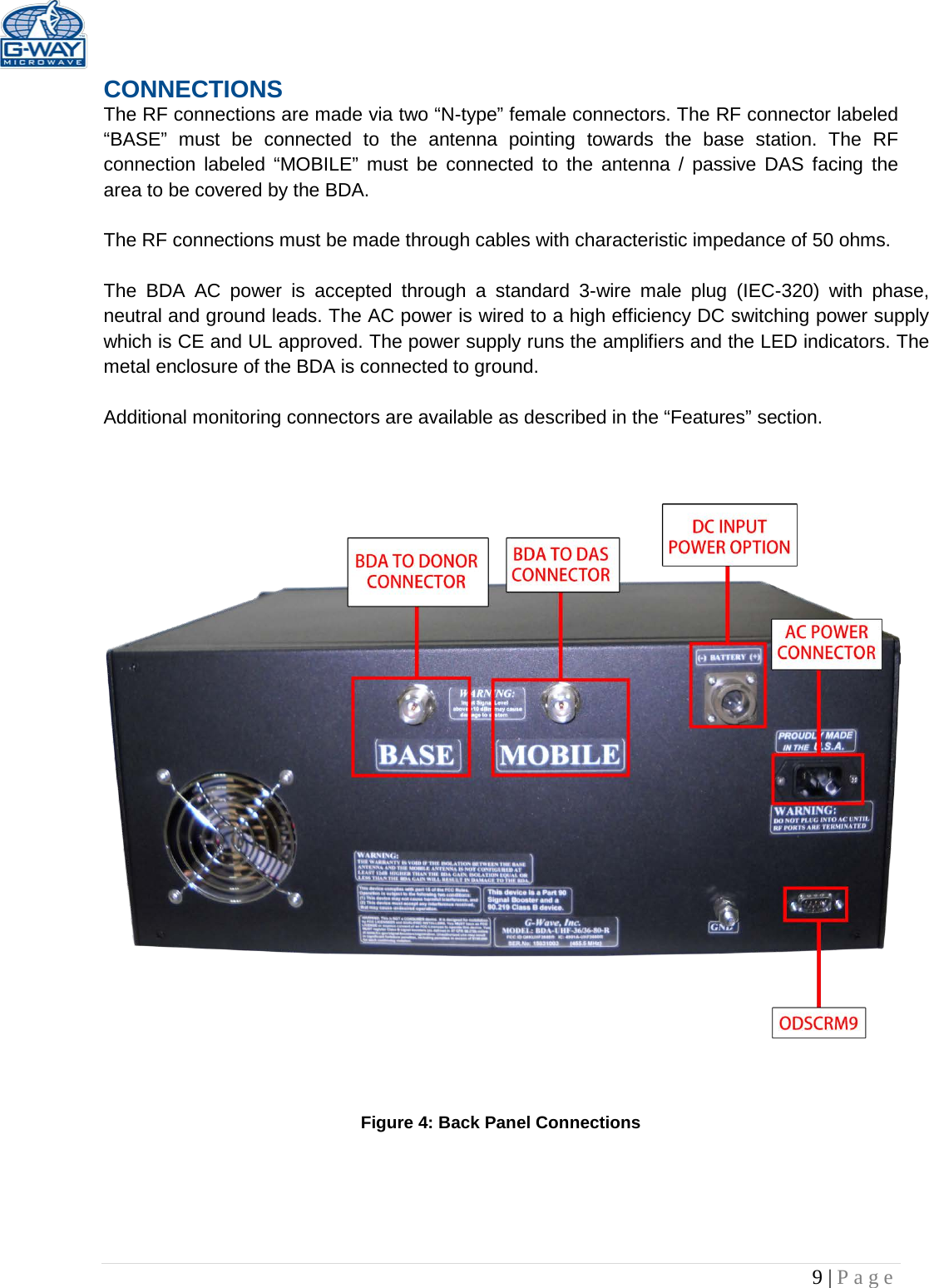   9 | Page  CONNECTIONS The RF connections are made via two “N-type” female connectors. The RF connector labeled “BASE” must be connected to the antenna pointing towards the base station. The RF connection labeled “MOBILE” must be connected to the antenna / passive DAS facing the area to be covered by the BDA.  The RF connections must be made through cables with characteristic impedance of 50 ohms.  The BDA AC power is accepted through a standard 3-wire male plug (IEC-320) with phase, neutral and ground leads. The AC power is wired to a high efficiency DC switching power supply which is CE and UL approved. The power supply runs the amplifiers and the LED indicators. The metal enclosure of the BDA is connected to ground.  Additional monitoring connectors are available as described in the “Features” section.                Figure 4: Back Panel Connections    