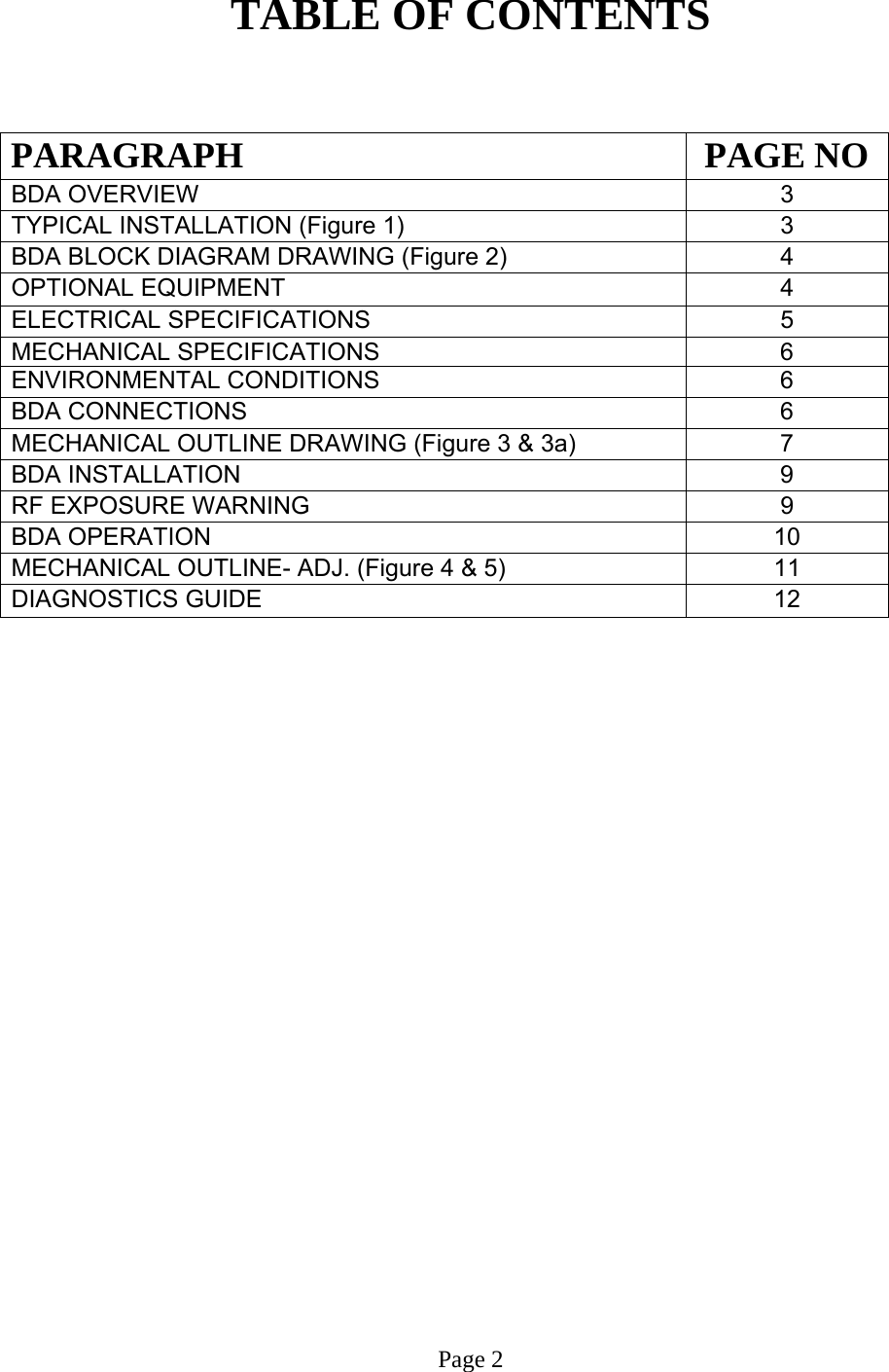  TABLE OF CONTENTS   PARAGRAPH PAGE NOBDA OVERVIEW   3 TYPICAL INSTALLATION (Figure 1) 3 BDA BLOCK DIAGRAM DRAWING (Figure 2)  4 OPTIONAL EQUIPMENT 4 ELECTRICAL SPECIFICATIONS   5  MECHANICAL SPECIFICATIONS   6 ENVIRONMENTAL CONDITIONS   6  BDA CONNECTIONS    6  MECHANICAL OUTLINE DRAWING (Figure 3 &amp; 3a)  7  BDA INSTALLATION  9  RF EXPOSURE WARNING  9 BDA OPERATION 10  MECHANICAL OUTLINE- ADJ. (Figure 4 &amp; 5)  11  DIAGNOSTICS GUIDE  12                            Page 2 