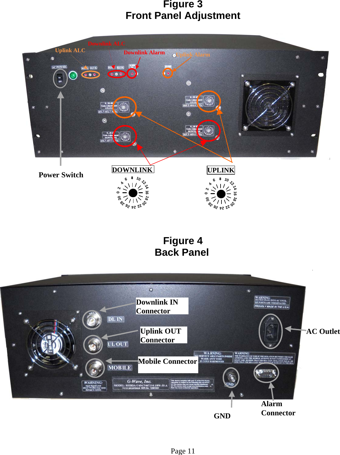 Figure 3 Front Panel Adjustment  Downlink ALC Uplink ALC  Power Switch                                                      Figure 4 Back Panel                                                                                  .                     Page 11 AC Outlet Uplink AlarmDownlink AlarmUPLINKDOWNLINK0301664212101418202224262030166421210141820222426288Downlink IN ConnectorMobile ConnectorUplink OUT ConnectorGND Alarm Connector 