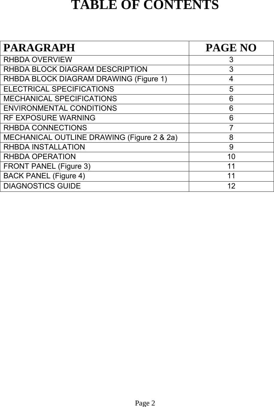   TABLE OF CONTENTS   PARAGRAPH PAGE NO RHBDA OVERVIEW   3 RHBDA BLOCK DIAGRAM DESCRIPTION 3 RHBDA BLOCK DIAGRAM DRAWING (Figure 1)  4 ELECTRICAL SPECIFICATIONS   5  MECHANICAL SPECIFICATIONS   6 ENVIRONMENTAL CONDITIONS   6  RF EXPOSURE WARNING   6 RHBDA CONNECTIONS    7  MECHANICAL OUTLINE DRAWING (Figure 2 &amp; 2a)  8  RHBDA INSTALLATION  9 RHBDA OPERATION 10  FRONT PANEL (Figure 3)  11  BACK PANEL (Figure 4)  11 DIAGNOSTICS GUIDE  12                         Page 2 