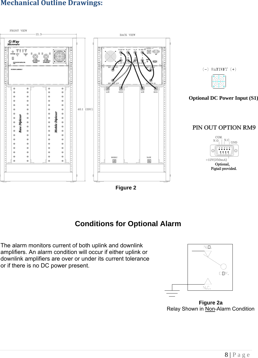 8 | Page  MechanicalOutlineDrawings:                           Figure 2          The alarm monitors current of both uplink and downlink amplifiers. An alarm condition will occur if either uplink or downlink amplifiers are over or under its current tolerance or if there is no DC power present.                                                                                                                                                                                                        Conditions for Optional AlarmOptional DC Power Input (S1) Figure 2a Relay Shown in Non-Alarm Condition