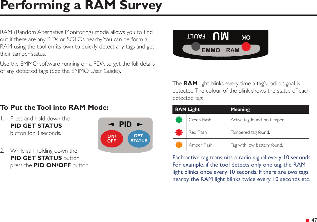 PIDGET STATUSON/OFF&ensp;47RAM (Random Alternative Monitoring) mode allows you to nd out if there are any PIDs or SOLOs nearby. You can perform a RAM using the tool on its own to quickly detect any tags and get their tamper status.Use the EMMO software running on a PDA to get the full details of any detected tags (See the EMMO User Guide).To Put the Tool into RAM Mode:1.   Press and hold down the  PID GET STATUS button for 3 seconds. 2.   While still holding down the  PID GET STATUS button, press the PID ON/OFF button.Performing a RAM SurveyThe RAM light blinks every time a tag&rsquo;s radio signal is detected. The colour of the blink shows the status of each detected tag:RAM Light MeaningGreen Flash Active tag found, no tamper.Red Flash Tampered tag found.Amber Flash Tag with low battery found.Each active tag transmits a radio signal every 10 seconds. For example, if the tool detects only one tag, the RAM light blinks once every 10 seconds. If there are two tags nearby, the RAM light blinks twice every 10 seconds etc.OK MU FAULTEMMO  RAM