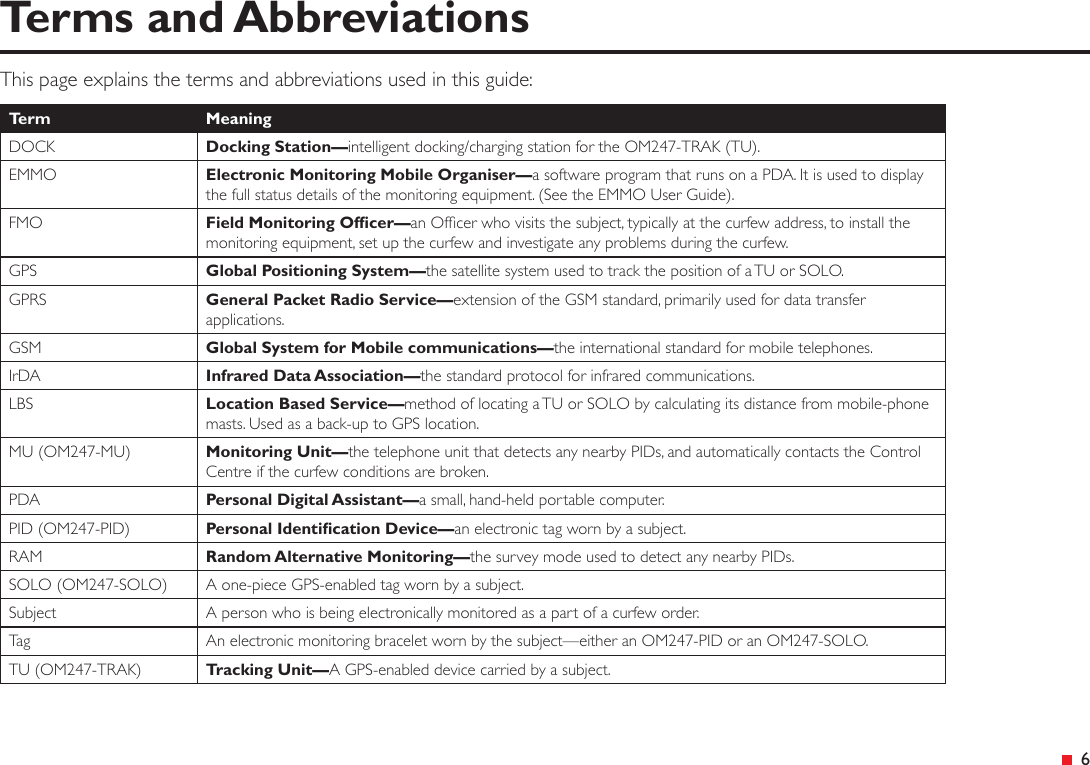  6Terms and Abbreviations This page explains the terms and abbreviations used in this guide:Term MeaningDOCK Docking Station—intelligent docking/charging station for the OM247-TRAK (TU). EMMO Electronic Monitoring Mobile Organiser—a software program that runs on a PDA. It is used to display the full status details of the monitoring equipment. (See the EMMO User Guide).FMO Field Monitoring Ofcer—an Ofcer who visits the subject, typically at the curfew address, to install the monitoring equipment, set up the curfew and investigate any problems during the curfew. GPS Global Positioning System—the satellite system used to track the position of a TU or SOLO.GPRS General Packet Radio Service—extension of the GSM standard, primarily used for data transfer applications. GSM Global System for Mobile communications—the international standard for mobile telephones.IrDA Infrared Data Association—the standard protocol for infrared communications.LBS Location Based Service—method of locating a TU or SOLO by calculating its distance from mobile-phone masts. Used as a back-up to GPS location.MU (OM247-MU) Monitoring Unit—the telephone unit that detects any nearby PIDs, and automatically contacts the Control Centre if the curfew conditions are broken.PDA Personal Digital Assistant—a small, hand-held portable computer.PID (OM247-PID) Personal Identication Device—an electronic tag worn by a subject.RAM Random Alternative Monitoring—the survey mode used to detect any nearby PIDs.SOLO (OM247-SOLO) A one-piece GPS-enabled tag worn by a subject.Subject A person who is being electronically monitored as a part of a curfew order.Tag An electronic monitoring bracelet worn by the subject—either an OM247-PID or an OM247-SOLO.TU (OM247-TRAK) Tracking Unit—A GPS-enabled device carried by a subject. 