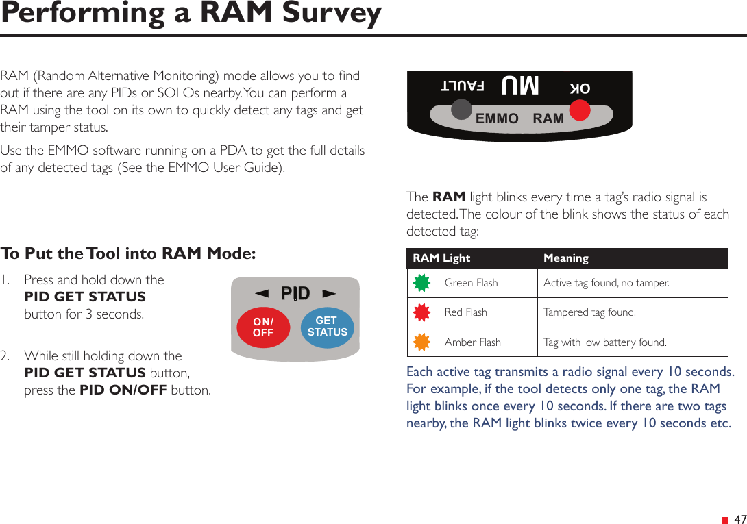 PIDGET STATUSON/OFF 47RAM (Random Alternative Monitoring) mode allows you to nd out if there are any PIDs or SOLOs nearby. You can perform a RAM using the tool on its own to quickly detect any tags and get their tamper status.Use the EMMO software running on a PDA to get the full details of any detected tags (See the EMMO User Guide).To Put the Tool into RAM Mode:1.   Press and hold down the  PID GET STATUS button for 3 seconds. 2.   While still holding down the  PID GET STATUS button, press the PID ON/OFF button.Performing a RAM SurveyThe RAM light blinks every time a tag’s radio signal is detected. The colour of the blink shows the status of each detected tag:RAM Light MeaningGreen Flash Active tag found, no tamper.Red Flash Tampered tag found.Amber Flash Tag with low battery found.Each active tag transmits a radio signal every 10 seconds. For example, if the tool detects only one tag, the RAM light blinks once every 10 seconds. If there are two tags nearby, the RAM light blinks twice every 10 seconds etc.OK MU FAULTEMMO  RAM