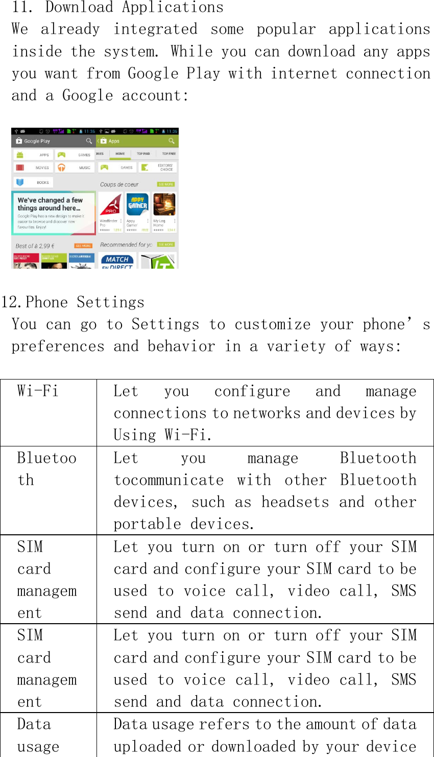 11. Download Applications We  already  integrated  some  popular  applications inside the system. While you can download any apps you want from Google Play with internet connection and a Google account:      12.Phone Settings You can go to Settings to customize your phone’s preferences and behavior in a variety of ways:  Wi-Fi  Let  you  configure  and  manage connections to networks and devices by Using Wi-Fi. Bluetooth Let  you  manage  Bluetooth tocommunicate  with  other  Bluetooth devices, such as headsets and other portable devices. SIM card management Let you turn on or turn off your SIM card and configure your SIM card to be used to voice call, video call, SMS send and data connection. SIM card management Let you turn on or turn off your SIM card and configure your SIM card to be used to voice call, video call, SMS send and data connection. Data usage Data usage refers to the amount of data uploaded or downloaded by your device 