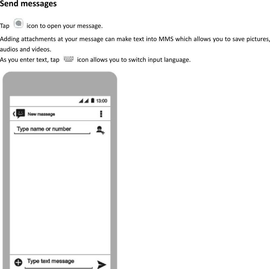 SendmessagesTapicontoopenyourmessage.AddingattachmentsatyourmessagecanmaketextintoMMSwhichallowsyoutosavepictures,audiosandvideos.Asyouentertext,tapiconallowsyoutoswitchinputlanguage.