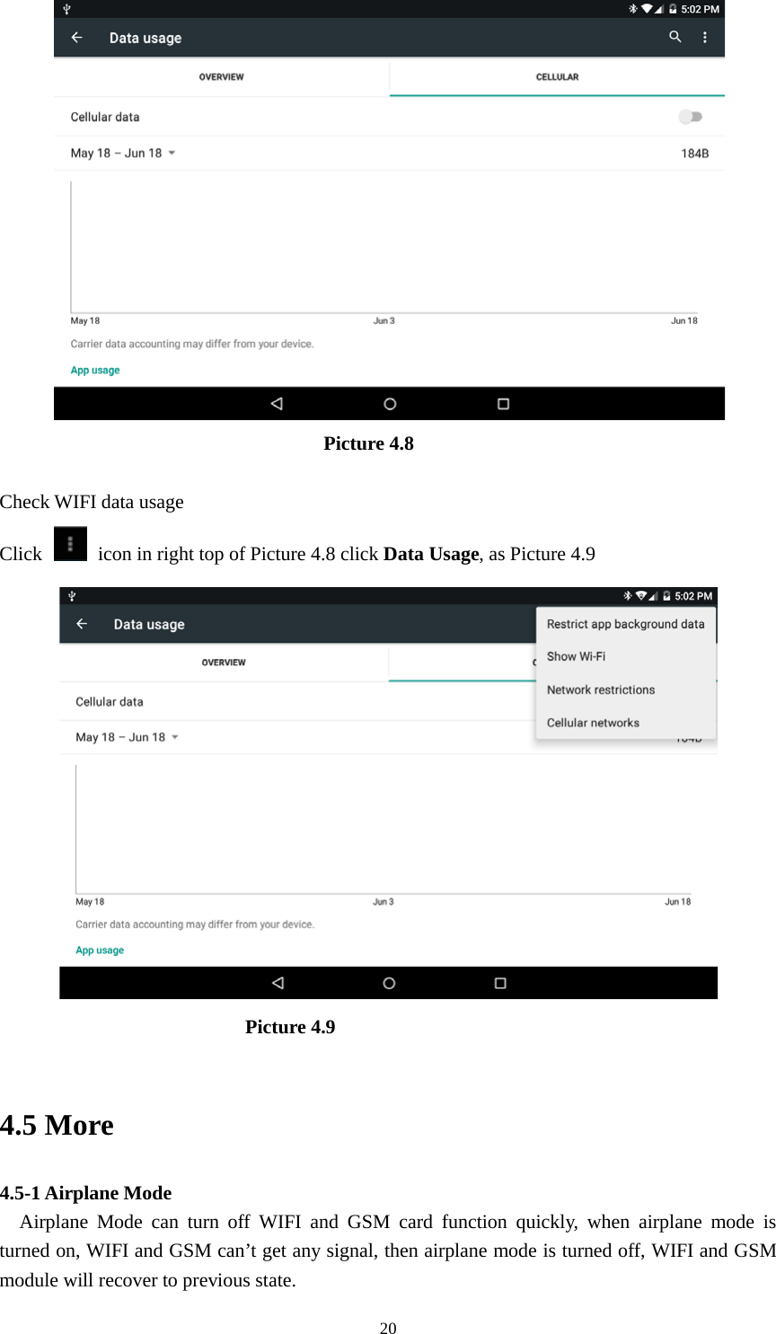      20                                   Picture 4.8  Check WIFI data usage Click    icon in right top of Picture 4.8 click Data Usage, as Picture 4.9                           Picture 4.9  4.5 More   4.5-1 Airplane Mode   Airplane Mode can turn off WIFI and GSM card function quickly, when airplane mode is turned on, WIFI and GSM can’t get any signal, then airplane mode is turned off, WIFI and GSM module will recover to previous state. 