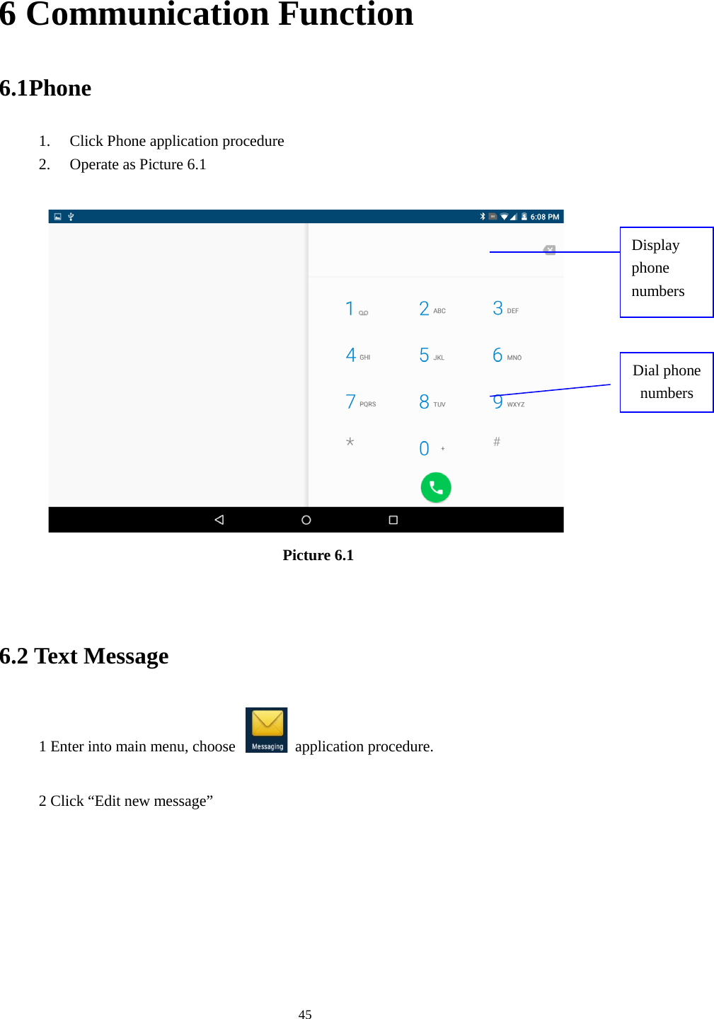      45 6 Communication Function 6.1 Phone 1. Click Phone application procedure 2. Operate as Picture 6.1   Picture 6.1   6.2 Text Message 1 Enter into main menu, choose    application procedure.    2 Click “Edit new message”   Display phone numbers Dial phone numbers 