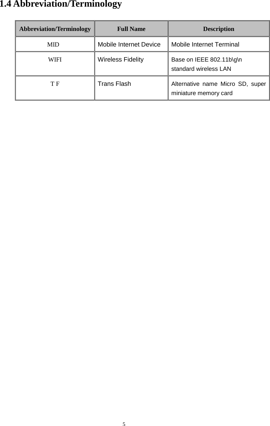      5 1.4 Abbreviation/Terminology Abbreviation/Terminology Full Name Description MID Mobile Internet Device Mobile Internet Terminal WIFI Wireless Fidelity Base on IEEE 802.11b\g\n standard wireless LAN T F Trans Flash Alternative name Micro SD, super miniature memory card       