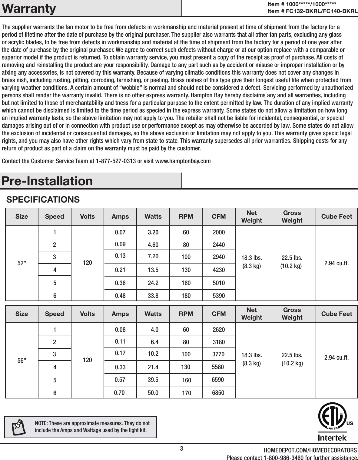 3Pre-InstallationWarrantyThe supplier warrants the fan motor to be free from defects in workmanship and material present at time of shipment from the factory for a period of lifetime after the date of purchase by the original purchaser. The supplier also warrants that all other fan parts, excluding any glass or acrylic blades, to be free from defects in workmanship and material at the time of shipment from the factory for a period of one year after the date of purchase by the original purchaser. We agree to correct such defects without charge or at our option replace with a comparable or superior model if the product is returned. To obtain warranty service, you must present a copy of the receipt as proof of purchase. All costs of removing and reinstalling the product are your responsibility. Damage to any part such as by accident or misuse or improper installation or by afxing any accessories, is not covered by this warranty. Because of varying climatic conditions this warranty does not cover any changes in brass nish, including rusting, pitting, corroding, tarnishing, or peeling. Brass nishes of this type give their longest useful life when protected from varying weather conditions. A certain amount of &ldquo;wobble&rdquo; is normal and should not be considered a defect. Servicing performed by unauthorized persons shall render the warranty invalid. There is no other express warranty. Hampton Bay hereby disclaims any and all warranties, including but not limited to those of merchantability and tness for a particular purpose to the extent permitted by law. The duration of any implied warranty which cannot be disclaimed is limited to the time period as specied in the express warranty. Some states do not allow a limitation on how long an implied warranty lasts, so the above limitation may not apply to you. The retailer shall not be liable for incidental, consequential, or special damages arising out of or in connection with product use or performance except as may otherwise be accorded by law. Some states do not allow the exclusion of incidental or consequential damages, so the above exclusion or limitation may not apply to you. This warranty gives specic legal rights, and you may also have other rights which vary from state to state. This warranty supersedes all prior warranties. Shipping costs for any return of product as part of a claim on the warranty must be paid by the customer.Contact the Customer Service Team at 1-877-527-0313 or visit www.hamptonbay.comSPECIFICATIONSSize Speed Volts Amps Watts RPM CFM NetWeightGrossWeight Cube Feet52&rdquo;1231200.070.090.133.204.607.2060 80100200024402940 18.3 lbs.(8.3 kg)22.5 lbs.(10.2 kg) 2.94 cu.ft.2.94 cu.ft.NOTE: These are approximate measures. They do notinclude the Amps and Wattage used by the light kit.456Size Speed Volts Amps Watts RPM CFM NetWeightGrossWeight Cube Feet56&rdquo;1231200.080.110.17  4.0  6.410.260 8010026203180377055806590685018.3 lbs.(8.3 kg)22.5 lbs.(10.2 kg)4560.480.360.2133.824.213.518016013053905010423021.40.700.570.33  13050.039.5 170 160Item # 1000*****/1000***** Item # FC132-BKRL/FC140-BKRL HOMEDEPOT.COM/HOMEDECORATORSPlease contact 1-800-986-3460 for further assistance.
