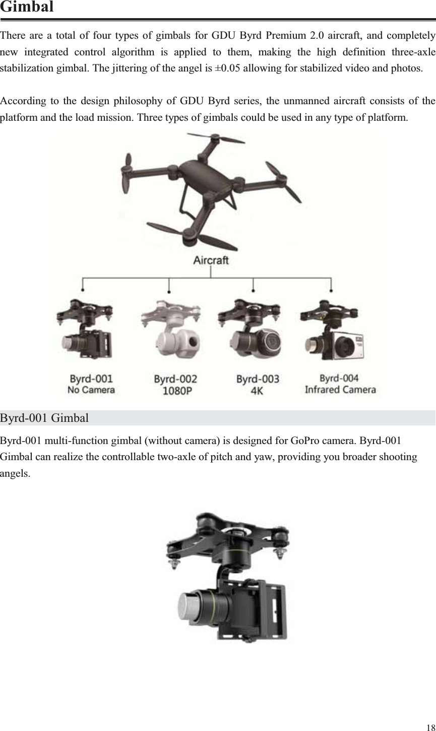 18  Gimbal There are a total of four types of gimbals for GDU Byrd Premium 2.0 aircraft, and completely new integrated control algorithm is applied to them, making the high definition three-axle stabilization gimbal. The jittering of the angel is ±0.05 allowing for stabilized video and photos.  According to the design philosophy of GDU Byrd series, the unmanned aircraft consists of the platform and the load mission. Three types of gimbals could be used in any type of platform.  Byrd-001 Gimbal                   Byrd-001 multi-function gimbal (without camera) is designed for GoPro camera. Byrd-001 Gimbal can realize the controllable two-axle of pitch and yaw, providing you broader shooting angels.    