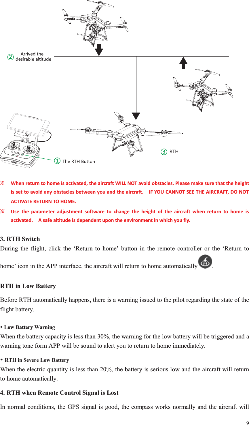 9     ȤWhen return to home is activated, the aircraft WILL NOT avoid obstacles. Please make sure that the height is set to avoid any obstacles between you and the aircraft.    IF YOU CANNOT SEE THE AIRCRAFT, DO NOT ACTIVATE RETURN TO HOME. ȤUse the parameter adjustment software to change the height of the aircraft when return to home is activated.    A safe altitude is dependent upon the environment in which you fly.  3. RTH Switch During the flight, click the ‘Return to home’ button in the remote controller or the ‘Return to home’ icon in the APP interface, the aircraft will return to home automatically .  RTH in Low Battery Before RTH automatically happens, there is a warning issued to the pilot regarding the state of the flight battery. y Low Battery Warning When the battery capacity is less than 30%, the warning for the low battery will be triggered and a warning tone form APP will be sound to alert you to return to home immediately. y RTH in Severe Low Battery When the electric quantity is less than 20%, the battery is serious low and the aircraft will return to home automatically. 4. RTH when Remote Control Signal is Lost In normal conditions, the GPS signal is good, the compass works normally and the aircraft will 