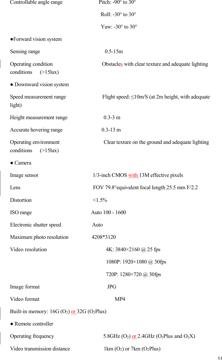 53Controllable angle range Pitch: -90° to 30°Roll: -30° to 30°Yaw: -30° to 30°●Forward vision systemSensing range 0.5-15mOperating condition Obstacleswith clear texture and adequate lightingconditions (&gt;15lux)● Downward vision systemSpeed measurement range Flight speed: ≤10m/S (at 2m height, with adequatelight)Height measurement range 0.3-3 mAccurate hovering range 0.3-13 mOperating environment Clear texture on the ground and adequate lightingconditions (&gt;15lux)● CameraImage sensor 1/3-inch CMOS with 13M effective pixelsLens FOV 79.8°equivalent focal length 25.5 mm F/2.2Distortion &lt;1.5%ISO range Auto 100 - 1600Electronic shutter speed AutoMaximum photo resolution 4208*3120Video resolution 4K: 3840×2160 @ 25 fps1080P: 1920×1080 @ 30fps720P: 1280×720 @ 30fpsImage format JPGVideo format MP4Built-in memory: 16G (O2)or 32G (O2Plus)● Remote controllerOperating frequency 5.8GHz (O2)or 2.4GHz (O2Plus and O2X)Video transmission distance 1km (O2) or 7km (O2Plus)