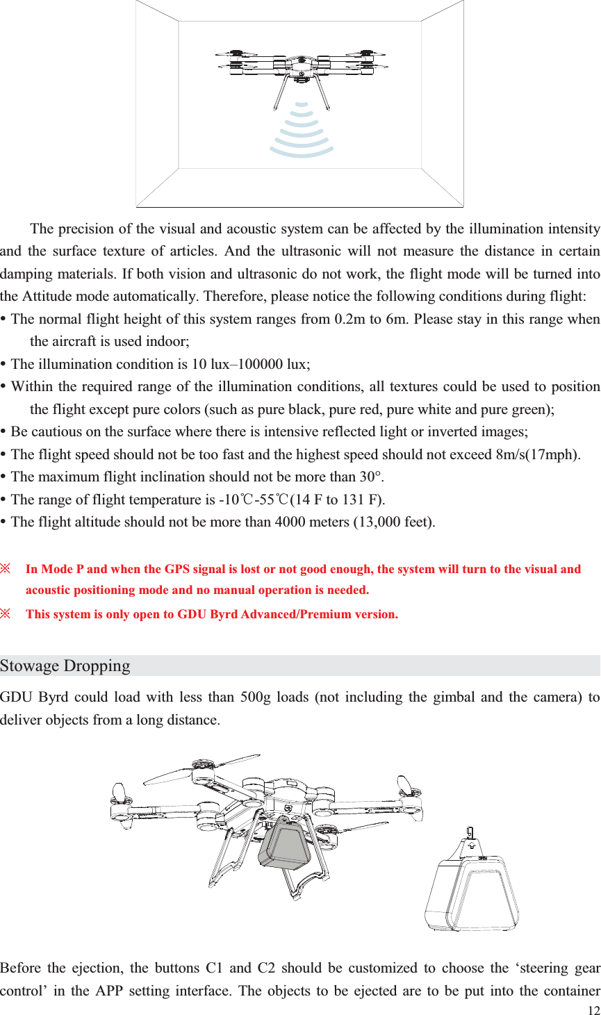 12     The precision of the visual and acoustic system can be affected by the illumination intensity and the surface texture of articles. And the ultrasonic will not measure the distance in certain damping materials. If both vision and ultrasonic do not work, the flight mode will be turned into the Attitude mode automatically. Therefore, please notice the following conditions during flight: y The normal flight height of this system ranges from 0.2m to 6m. Please stay in this range when the aircraft is used indoor; y The illumination condition is 10 lux–100000 lux; y Within the required range of the illumination conditions, all textures could be used to position the flight except pure colors (such as pure black, pure red, pure white and pure green); y Be cautious on the surface where there is intensive reflected light or inverted images; y The flight speed should not be too fast and the highest speed should not exceed 8m/s(17mph). y The maximum flight inclination should not be more than 30°. y The range of flight temperature is -10ć-55ć(14 F to 131 F). y The flight altitude should not be more than 4000 meters (13,000 feet).  ȤIn Mode P and when the GPS signal is lost or not good enough, the system will turn to the visual and acoustic positioning mode and no manual operation is needed. ȤThis system is only open to GDU Byrd Advanced/Premium version.  Stowage Dropping                   GDU Byrd could load with less than 500g loads (not including the gimbal and the camera) to deliver objects from a long distance.    Before the ejection, the buttons C1 and C2 should be customized to choose the ‘steering gear control’ in the APP setting interface. The objects to be ejected are to be put into the container 