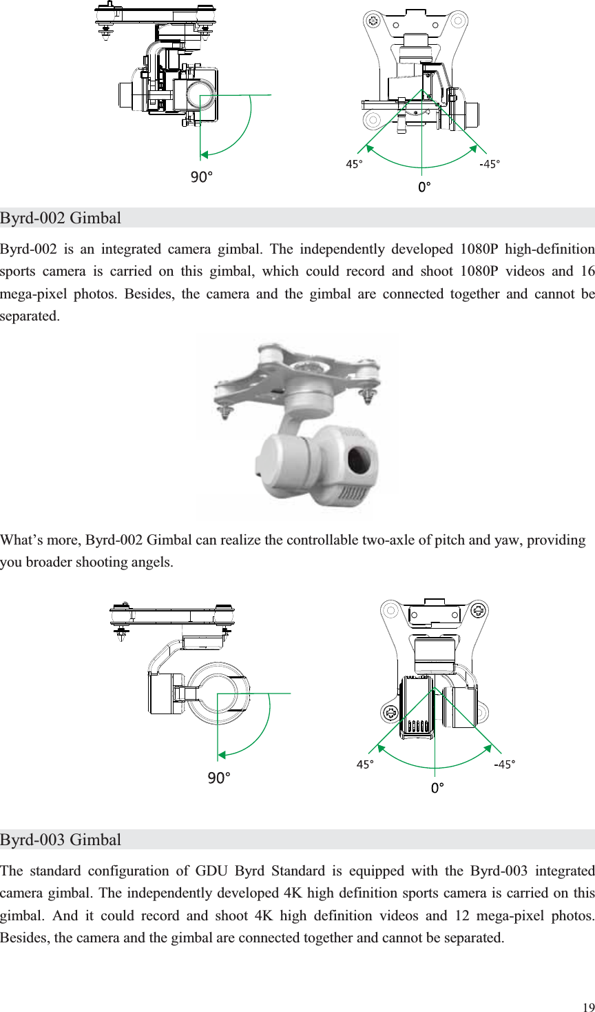 19   Byrd-002 Gimbal                   Byrd-002 is an integrated camera gimbal. The independently developed 1080P high-definition sports camera is carried on this gimbal, which could record and shoot 1080P videos and 16 mega-pixel photos. Besides, the camera and the gimbal are connected together and cannot be separated.  What’s more, Byrd-002 Gimbal can realize the controllable two-axle of pitch and yaw, providing you broader shooting angels.    Byrd-003 Gimbal                   The standard configuration of GDU Byrd Standard is equipped with the Byrd-003 integrated camera gimbal. The independently developed 4K high definition sports camera is carried on this gimbal. And it could record and shoot 4K high definition videos and 12 mega-pixel photos. Besides, the camera and the gimbal are connected together and cannot be separated. 