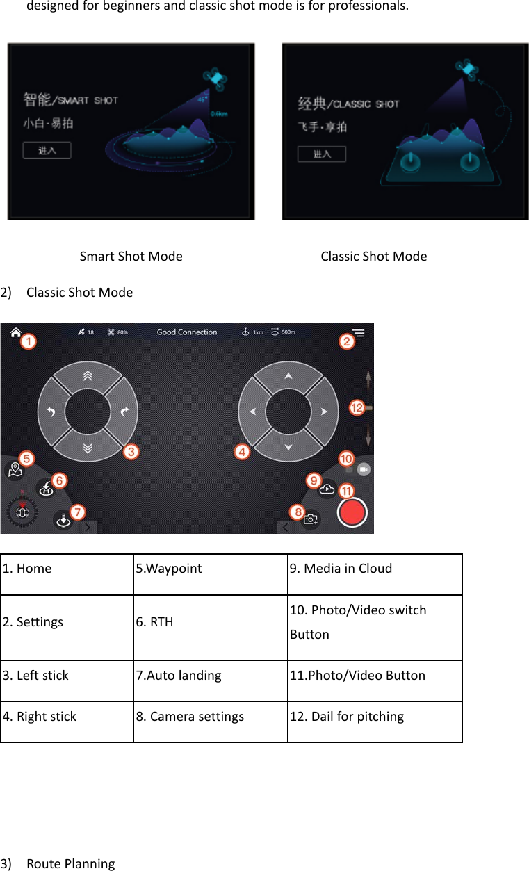 designed for beginners and classic shot mode is for professionals.  Smart Shot Mode                   Classic Shot Mode 2)  Classic Shot Mode  1. Home 5.Waypoint 9. Media in Cloud 2. Settings 6. RTH      10. Photo/Video switch Button 3. Left stick 7.Auto landing 11.Photo/Video Button 4. Right stick            8. Camera settings 12. Dail for pitching    3)  Route Planning 