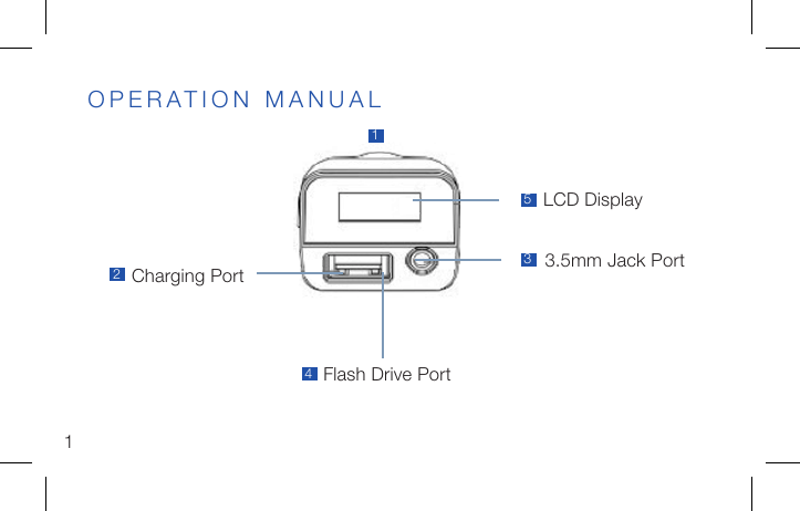 OPERATION MANUAL1Charging PortLCD Display3.5mm Jack Port253Flash Drive Port41
