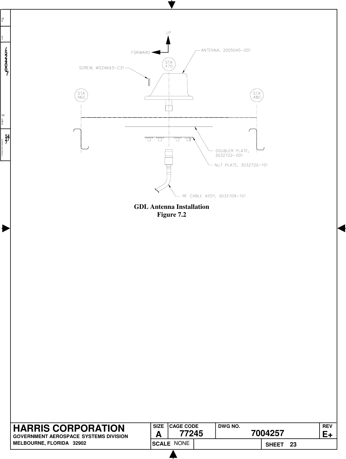 EDOCEGACONGWDHSVER23NONE7524007700425777245HARRIS CORPORATIONGOVERNMENT AEROSPACE SYSTEMS DIVISIONMELBOURNE, FLORIDA   32902REVE+SIZEACAGE CODE DWG NO.SCALE SHEET54277GDL Antenna InstallationFigure 7.2