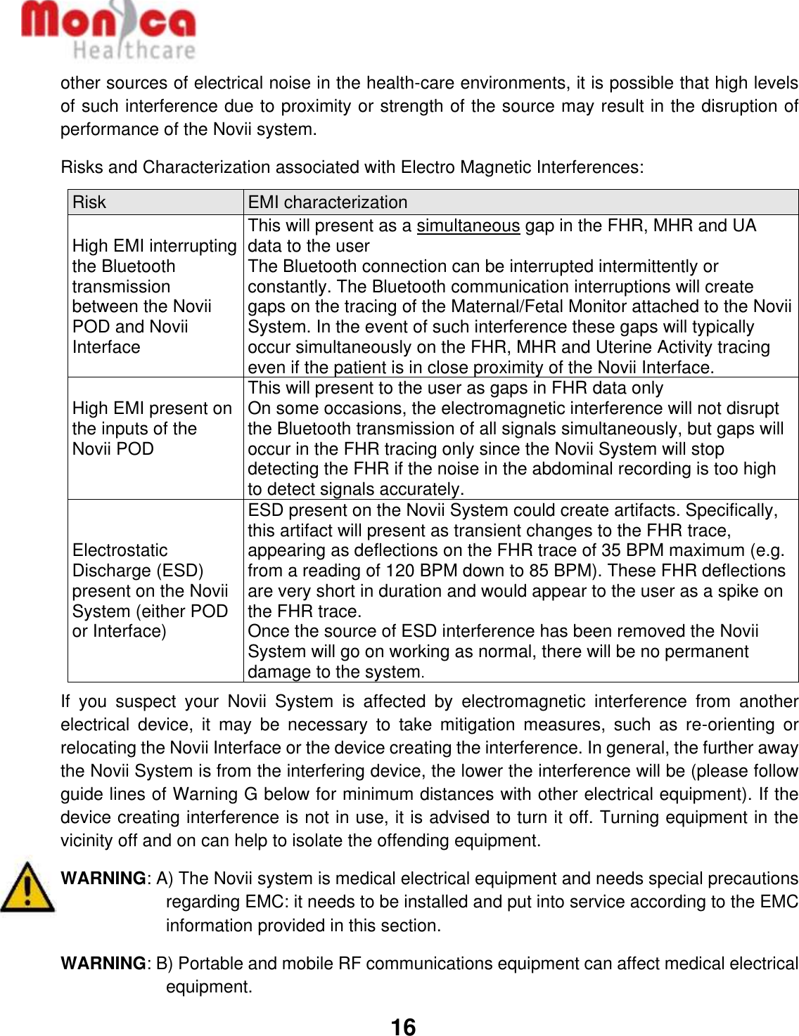   16  other sources of electrical noise in the health-care environments, it is possible that high levels of such interference due to proximity or strength of the source may result in the disruption of performance of the Novii system. Risks and Characterization associated with Electro Magnetic Interferences: Risk EMI characterization High EMI interrupting the Bluetooth transmission between the Novii POD and Novii Interface This will present as a simultaneous gap in the FHR, MHR and UA data to the user The Bluetooth connection can be interrupted intermittently or constantly. The Bluetooth communication interruptions will create gaps on the tracing of the Maternal/Fetal Monitor attached to the Novii System. In the event of such interference these gaps will typically occur simultaneously on the FHR, MHR and Uterine Activity tracing even if the patient is in close proximity of the Novii Interface. High EMI present on the inputs of the Novii POD   This will present to the user as gaps in FHR data only  On some occasions, the electromagnetic interference will not disrupt the Bluetooth transmission of all signals simultaneously, but gaps will occur in the FHR tracing only since the Novii System will stop detecting the FHR if the noise in the abdominal recording is too high to detect signals accurately. Electrostatic Discharge (ESD) present on the Novii System (either POD or Interface) ESD present on the Novii System could create artifacts. Specifically, this artifact will present as transient changes to the FHR trace, appearing as deflections on the FHR trace of 35 BPM maximum (e.g. from a reading of 120 BPM down to 85 BPM). These FHR deflections are very short in duration and would appear to the user as a spike on the FHR trace. Once the source of ESD interference has been removed the Novii System will go on working as normal, there will be no permanent damage to the system. If  you  suspect  your  Novii  System  is  affected  by  electromagnetic  interference  from  another electrical  device,  it  may  be  necessary  to  take  mitigation  measures,  such  as  re-orienting  or relocating the Novii Interface or the device creating the interference. In general, the further away the Novii System is from the interfering device, the lower the interference will be (please follow guide lines of Warning G below for minimum distances with other electrical equipment). If the device creating interference is not in use, it is advised to turn it off. Turning equipment in the vicinity off and on can help to isolate the offending equipment. WARNING: A) The Novii system is medical electrical equipment and needs special precautions regarding EMC: it needs to be installed and put into service according to the EMC information provided in this section. WARNING: B) Portable and mobile RF communications equipment can affect medical electrical equipment. 