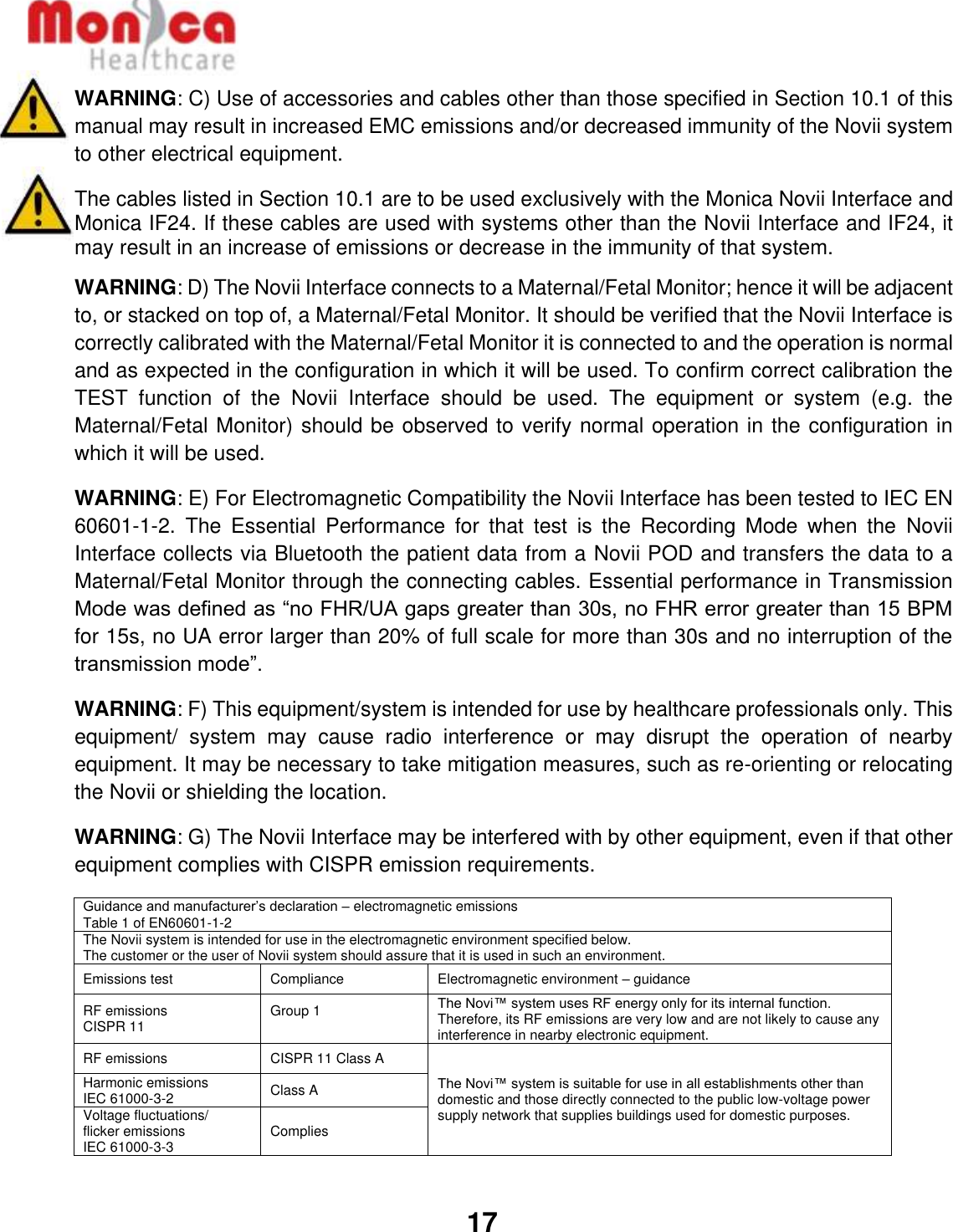   17  WARNING: C) Use of accessories and cables other than those specified in Section 10.1 of this manual may result in increased EMC emissions and/or decreased immunity of the Novii system to other electrical equipment. The cables listed in Section 10.1 are to be used exclusively with the Monica Novii Interface and Monica IF24. If these cables are used with systems other than the Novii Interface and IF24, it may result in an increase of emissions or decrease in the immunity of that system.  WARNING: D) The Novii Interface connects to a Maternal/Fetal Monitor; hence it will be adjacent to, or stacked on top of, a Maternal/Fetal Monitor. It should be verified that the Novii Interface is correctly calibrated with the Maternal/Fetal Monitor it is connected to and the operation is normal and as expected in the configuration in which it will be used. To confirm correct calibration the TEST  function  of  the  Novii  Interface  should  be  used.  The  equipment  or  system  (e.g.  the Maternal/Fetal Monitor) should be observed to verify normal operation in the configuration in which it will be used. WARNING: E) For Electromagnetic Compatibility the Novii Interface has been tested to IEC EN 60601-1-2.  The  Essential  Performance  for  that  test  is  the  Recording  Mode  when  the  Novii Interface collects via Bluetooth the patient data from a Novii POD and transfers the data to a Maternal/Fetal Monitor through the connecting cables. Essential performance in Transmission Mode was defined as “no FHR/UA gaps greater than 30s, no FHR error greater than 15 BPM for 15s, no UA error larger than 20% of full scale for more than 30s and no interruption of the transmission mode”. WARNING: F) This equipment/system is intended for use by healthcare professionals only. This equipment/  system  may  cause  radio  interference  or  may  disrupt  the  operation  of  nearby equipment. It may be necessary to take mitigation measures, such as re-orienting or relocating the Novii or shielding the location. WARNING: G) The Novii Interface may be interfered with by other equipment, even if that other equipment complies with CISPR emission requirements. Guidance and manufacturer’s declaration – electromagnetic emissions Table 1 of EN60601-1-2 The Novii system is intended for use in the electromagnetic environment specified below. The customer or the user of Novii system should assure that it is used in such an environment. Emissions test Compliance Electromagnetic environment – guidance RF emissions CISPR 11 Group 1  The Novi™ system uses RF energy only for its internal function. Therefore, its RF emissions are very low and are not likely to cause any interference in nearby electronic equipment. RF emissions CISPR 11 Class A The Novi™ system is suitable for use in all establishments other than domestic and those directly connected to the public low-voltage power supply network that supplies buildings used for domestic purposes. Harmonic emissions IEC 61000-3-2 Class A Voltage fluctuations/ flicker emissions IEC 61000-3-3 Complies  