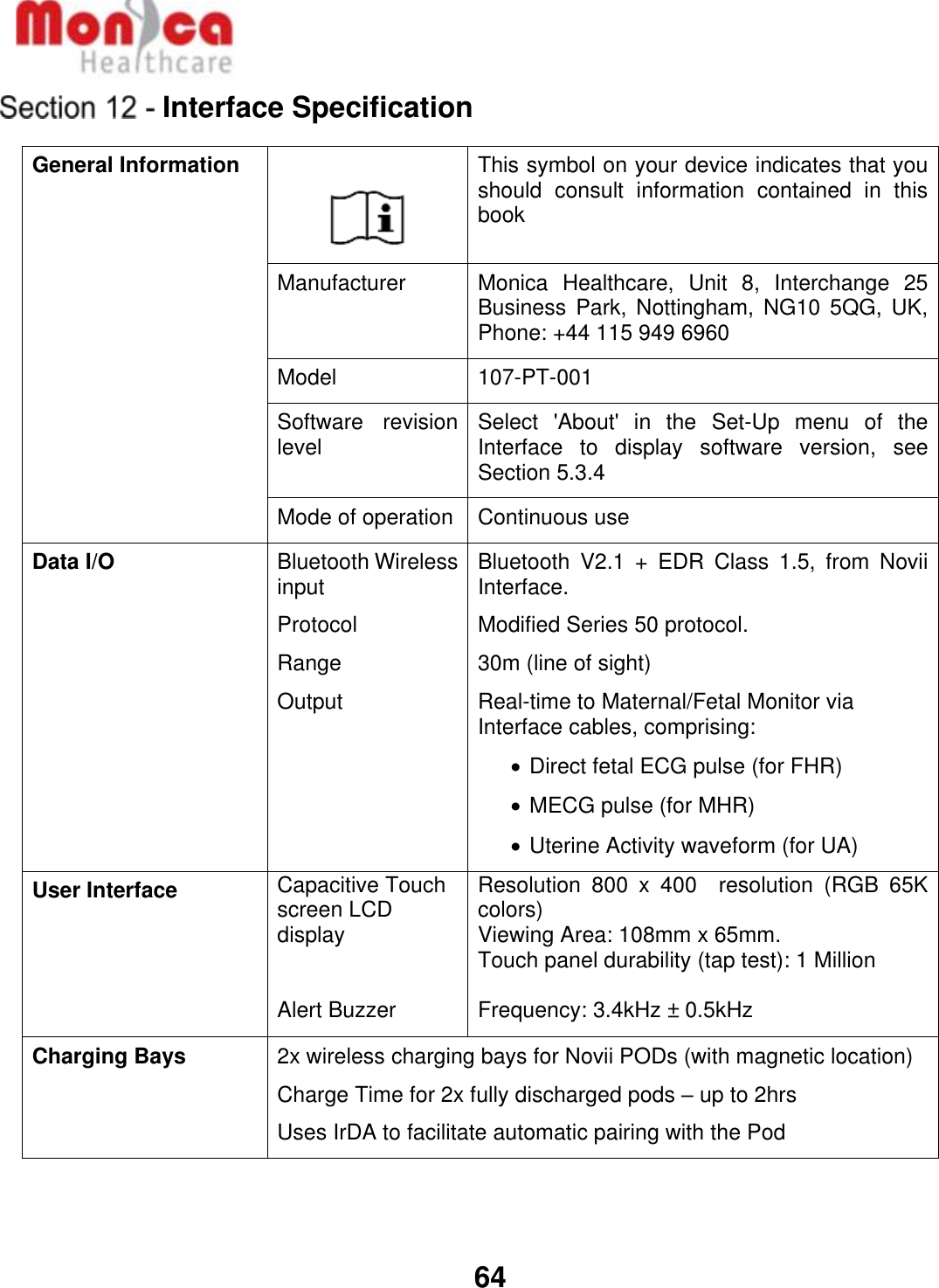   64  Interface Specification  General Information   This symbol on your device indicates that you should  consult  information  contained  in  this book Manufacturer Monica  Healthcare,  Unit  8,  Interchange  25 Business Park, Nottingham,  NG10  5QG, UK, Phone: +44 115 949 6960 Model 107-PT-001 Software  revision level Select  &apos;About&apos;  in  the  Set-Up  menu  of  the Interface  to  display  software  version,  see Section 5.3.4 Mode of operation Continuous use Data I/O Bluetooth Wireless input Protocol Range Output Bluetooth  V2.1  +  EDR  Class  1.5,  from  Novii Interface.  Modified Series 50 protocol.  30m (line of sight) Real-time to Maternal/Fetal Monitor via Interface cables, comprising: • Direct fetal ECG pulse (for FHR) • MECG pulse (for MHR)  • Uterine Activity waveform (for UA) User Interface Capacitive Touch screen LCD display   Alert Buzzer Resolution  800  x  400    resolution  (RGB  65K colors) Viewing Area: 108mm x 65mm. Touch panel durability (tap test): 1 Million  Frequency: 3.4kHz ± 0.5kHz Charging Bays 2x wireless charging bays for Novii PODs (with magnetic location) Charge Time for 2x fully discharged pods – up to 2hrs Uses IrDA to facilitate automatic pairing with the Pod 