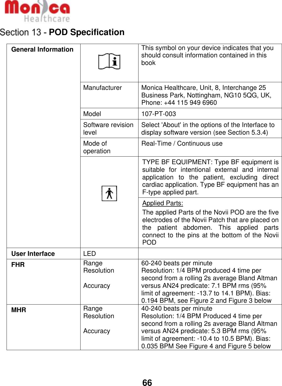   66  POD Specification General Information    This symbol on your device indicates that you should consult information contained in this book Manufacturer Monica Healthcare, Unit, 8, Interchange 25 Business Park, Nottingham, NG10 5QG, UK, Phone: +44 115 949 6960 Model 107-PT-003 Software revision level Select &apos;About&apos; in the options of the Interface to display software version (see Section 5.3.4) Mode of operation Real-Time / Continuous use       TYPE BF EQUIPMENT: Type BF equipment is suitable  for  intentional  external  and  internal application  to  the  patient,  excluding  direct cardiac application. Type BF equipment has an F-type applied part. Applied Parts: The applied Parts of the Novii POD are the five electrodes of the Novii Patch that are placed on the  patient  abdomen.  This  applied  parts connect to the pins at the bottom of the Novii POD User Interface LED  FHR Range Resolution  Accuracy 60-240 beats per minute Resolution: 1/4 BPM produced 4 time per second from a rolling 2s average Bland Altman versus AN24 predicate: 7.1 BPM rms (95% limit of agreement: -13.7 to 14.1 BPM). Bias: 0.194 BPM, see Figure 2 and Figure 3 below MHR Range Resolution   Accuracy 40-240 beats per minute Resolution: 1/4 BPM Produced 4 time per second from a rolling 2s average Bland Altman versus AN24 predicate: 5.3 BPM rms (95% limit of agreement: -10.4 to 10.5 BPM). Bias: 0.035 BPM See Figure 4 and Figure 5 below   