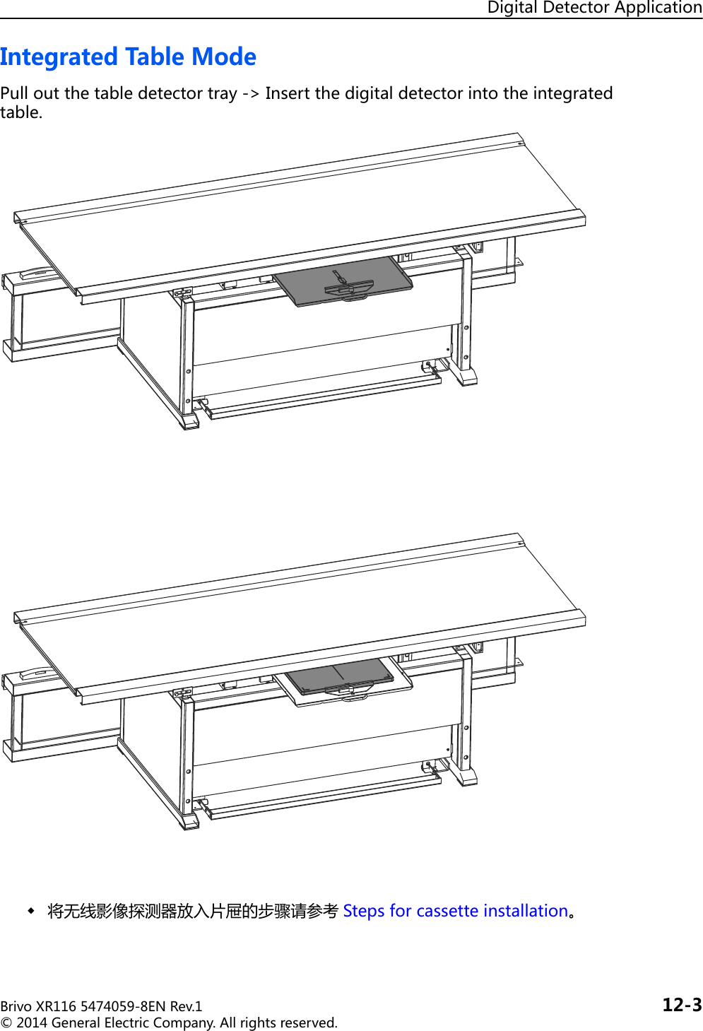DigitalDetectorApplicationBrivoXR1165474059-8ENRev.1 12-3©2014GeneralElectricCompany.Allrightsreserved.IntegratedTableModePulloutthetabledetectortray-&gt;Insertthedigitaldetectorintotheintegratedtable.将无线影像探测器放入片屉的步骤请参考 Stepsforcassetteinstallation。