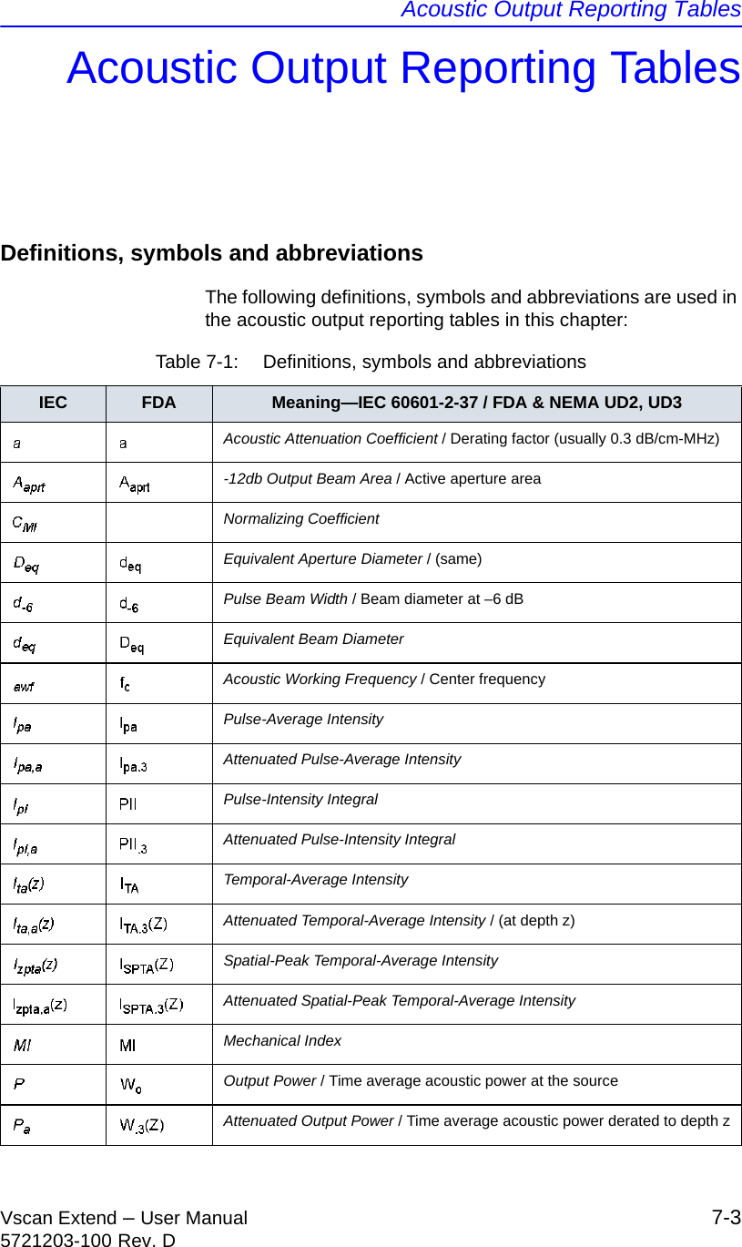 Acoustic Output Reporting TablesVscan Extend – User Manual 7-35721203-100 Rev. DAcoustic Output Reporting TablesDefinitions, symbols and abbreviationsThe following definitions, symbols and abbreviations are used in the acoustic output reporting tables in this chapter:Table 7-1:  Definitions, symbols and abbreviationsIEC FDA Meaning—IEC 60601-2-37 / FDA &amp; NEMA UD2, UD3Acoustic Attenuation Coefficient / Derating factor (usually 0.3 dB/cm-MHz)-12db Output Beam Area / Active aperture areaNormalizing CoefficientEquivalent Aperture Diameter / (same)Pulse Beam Width / Beam diameter at –6 dBEquivalent Beam DiameterAcoustic Working Frequency / Center frequencyPulse-Average IntensityAttenuated Pulse-Average IntensityPulse-Intensity IntegralAttenuated Pulse-Intensity IntegralTemporal-Average IntensityAttenuated Temporal-Average Intensity / (at depth z)Spatial-Peak Temporal-Average IntensityAttenuated Spatial-Peak Temporal-Average IntensityMechanical IndexOutput Power / Time average acoustic power at the sourceAttenuated Output Power / Time average acoustic power derated to depth z