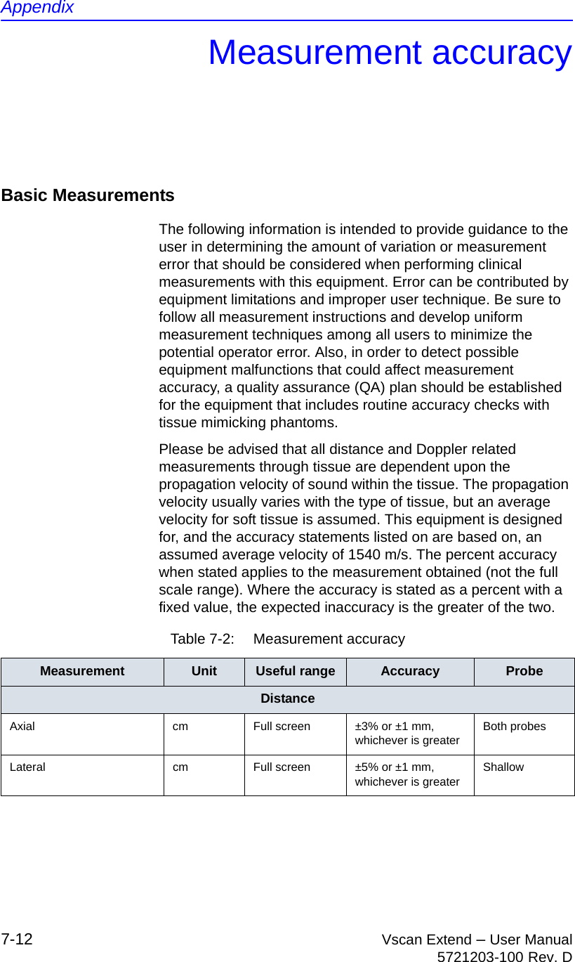 Appendix7-12 Vscan Extend – User Manual5721203-100 Rev. DMeasurement accuracyBasic MeasurementsThe following information is intended to provide guidance to the user in determining the amount of variation or measurement error that should be considered when performing clinical measurements with this equipment. Error can be contributed by equipment limitations and improper user technique. Be sure to follow all measurement instructions and develop uniform measurement techniques among all users to minimize the potential operator error. Also, in order to detect possible equipment malfunctions that could affect measurement accuracy, a quality assurance (QA) plan should be established for the equipment that includes routine accuracy checks with tissue mimicking phantoms.Please be advised that all distance and Doppler related measurements through tissue are dependent upon the propagation velocity of sound within the tissue. The propagation velocity usually varies with the type of tissue, but an average velocity for soft tissue is assumed. This equipment is designed for, and the accuracy statements listed on are based on, an assumed average velocity of 1540 m/s. The percent accuracy when stated applies to the measurement obtained (not the full scale range). Where the accuracy is stated as a percent with a fixed value, the expected inaccuracy is the greater of the two.Table 7-2:  Measurement accuracy Measurement Unit Useful range Accuracy ProbeDistanceAxial cm Full screen ±3% or ±1 mm, whichever is greaterBoth probesLateral cm Full screen ±5% or ±1 mm, whichever is greaterShallow