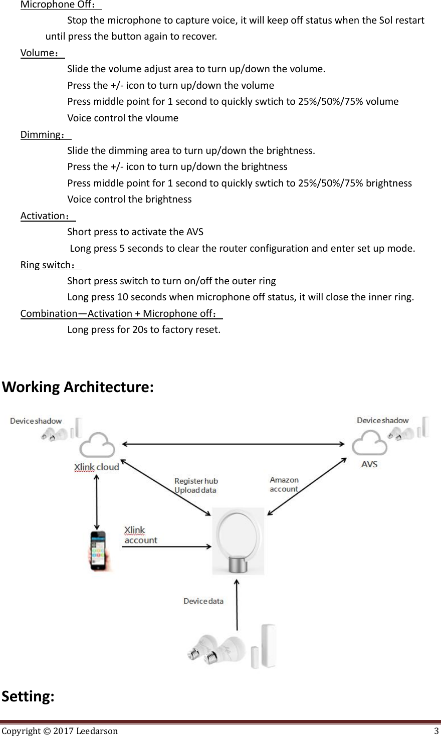 Copyright &copy;  2017 Leedarson  3  Microphone Off： Stop the microphone to capture voice, it will keep off status when the Sol restart until press the button again to recover. Volume： Slide the volume adjust area to turn up/down the volume.                    Press the +/- icon to turn up/down the volume   Press middle point for 1 second to quickly swtich to 25%/50%/75% volume Voice control the vloume Dimming： Slide the dimming area to turn up/down the brightness.                    Press the +/- icon to turn up/down the brightness   Press middle point for 1 second to quickly swtich to 25%/50%/75% brightness Voice control the brightness Activation： Short press to activate the AVS          Long press 5 seconds to clear the router configuration and enter set up mode. Ring switch： Short press switch to turn on/off the outer ring Long press 10 seconds when microphone off status, it will close the inner ring. Combination&mdash;Activation + Microphone off： Long press for 20s to factory reset.   Working Architecture:  Setting: 