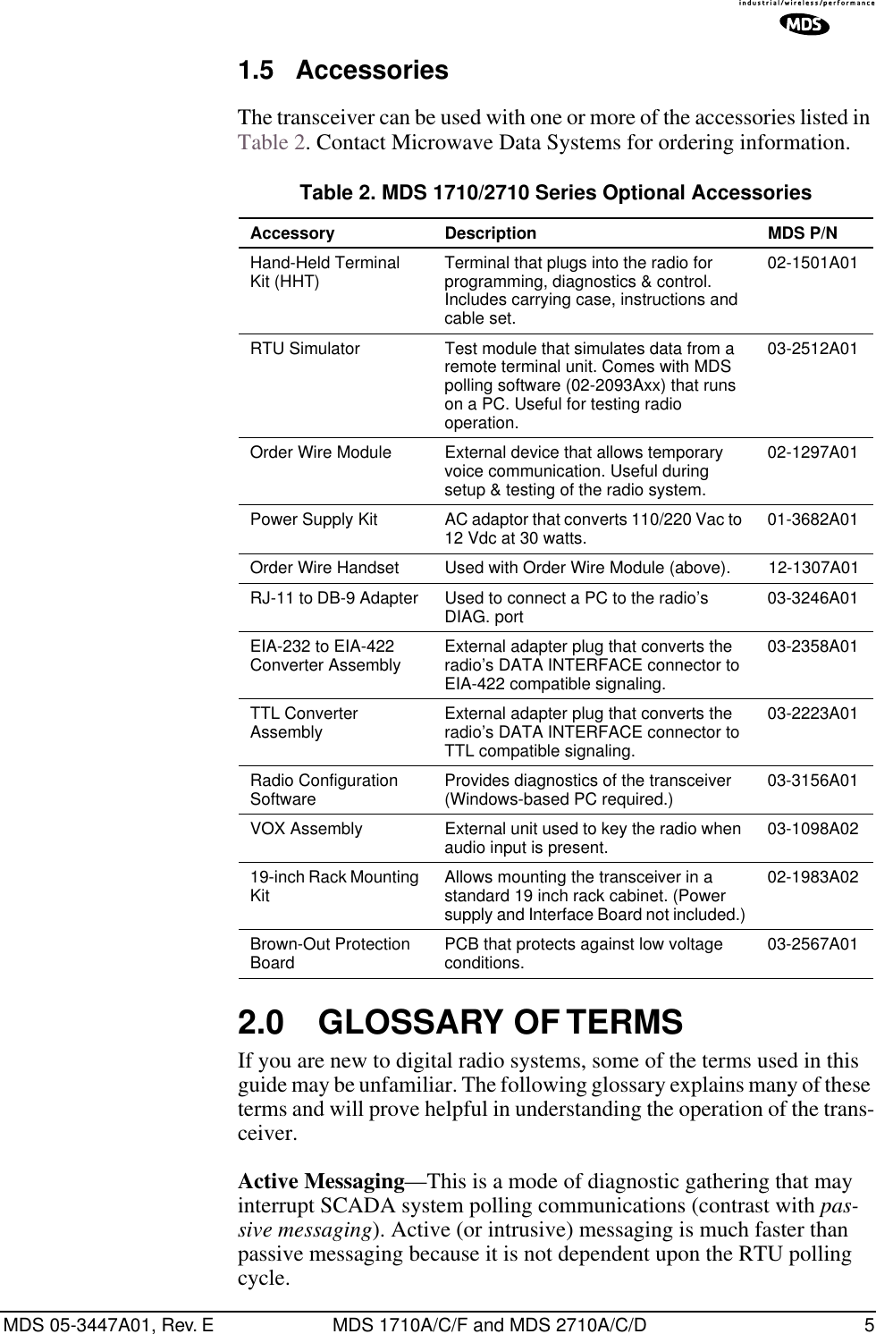  MDS 05-3447A01, Rev. E MDS 1710A/C/F and MDS 2710A/C/D 5 1.5 Accessories The transceiver can be used with one or more of the accessories listed in Table 2. Contact Microwave Data Systems for ordering information. 2.0 GLOSSARY OF TERMS If you are new to digital radio systems, some of the terms used in this guide may be unfamiliar. The following glossary explains many of these terms and will prove helpful in understanding the operation of the trans-ceiver. Active Messaging —This is a mode of diagnostic gathering that may interrupt SCADA system polling communications (contrast with  pas-sive messaging ). Active (or intrusive) messaging is much faster than passive messaging because it is not dependent upon the RTU polling cycle. Table 2. MDS 1710/2710 Series Optional Accessories   Accessory Description MDS P/N Hand-Held TerminalKit (HHT) Terminal that plugs into the radio for programming, diagnostics &amp; control. Includes carrying case, instructions and cable set.02-1501A01RTU Simulator Test module that simulates data from a remote terminal unit. Comes with MDS polling software (02-2093Axx) that runs on a PC. Useful for testing radio operation.03-2512A01Order Wire Module External device that allows temporary voice communication. Useful during setup &amp; testing of the radio system.02-1297A01Power Supply Kit AC adaptor that converts 110/220 Vac to 12 Vdc at 30 watts. 01-3682A01Order Wire Handset Used with Order Wire Module (above). 12-1307A01RJ-11 to DB-9 Adapter  Used to connect a PC to the radio’s DIAG. port 03-3246A01EIA-232 to EIA-422 Converter Assembly External adapter plug that converts the radio’s DATA INTERFACE connector to EIA-422 compatible signaling.03-2358A01TTL Converter Assembly External adapter plug that converts the radio’s DATA INTERFACE connector to TTL compatible signaling.03-2223A01Radio Configuration Software Provides diagnostics of the transceiver (Windows-based PC required.) 03-3156A01VOX Assembly External unit used to key the radio when audio input is present. 03-1098A0219-inch Rack Mounting Kit Allows mounting the transceiver in a standard 19 inch rack cabinet. (Power supply and Interface Board not included.)02-1983A02Brown-Out Protection Board PCB that protects against low voltage conditions. 03-2567A01