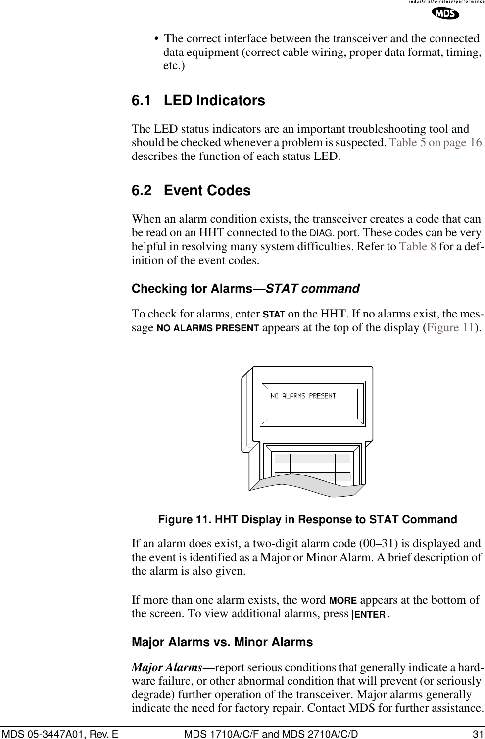 MDS 05-3447A01, Rev. E MDS 1710A/C/F and MDS 2710A/C/D 31• The correct interface between the transceiver and the connected data equipment (correct cable wiring, proper data format, timing, etc.)6.1 LED IndicatorsThe LED status indicators are an important troubleshooting tool and should be checked whenever a problem is suspected. Table 5 on page 16 describes the function of each status LED.6.2 Event CodesWhen an alarm condition exists, the transceiver creates a code that can be read on an HHT connected to the DIAG. port. These codes can be very helpful in resolving many system difficulties. Refer to Table 8 for a def-inition of the event codes.Checking for Alarms—STAT commandTo check for alarms, enter STAT on the HHT. If no alarms exist, the mes-sage NO ALARMS PRESENT appears at the top of the display (Figure 11).Invisible place holderFigure 11. HHT Display in Response to STAT CommandIf an alarm does exist, a two-digit alarm code (00–31) is displayed and the event is identified as a Major or Minor Alarm. A brief description of the alarm is also given.If more than one alarm exists, the word MORE appears at the bottom of the screen. To view additional alarms, press  .Major Alarms vs. Minor AlarmsMajor Alarms—report serious conditions that generally indicate a hard-ware failure, or other abnormal condition that will prevent (or seriously degrade) further operation of the transceiver. Major alarms generally indicate the need for factory repair. Contact MDS for further assistance.ENTER
