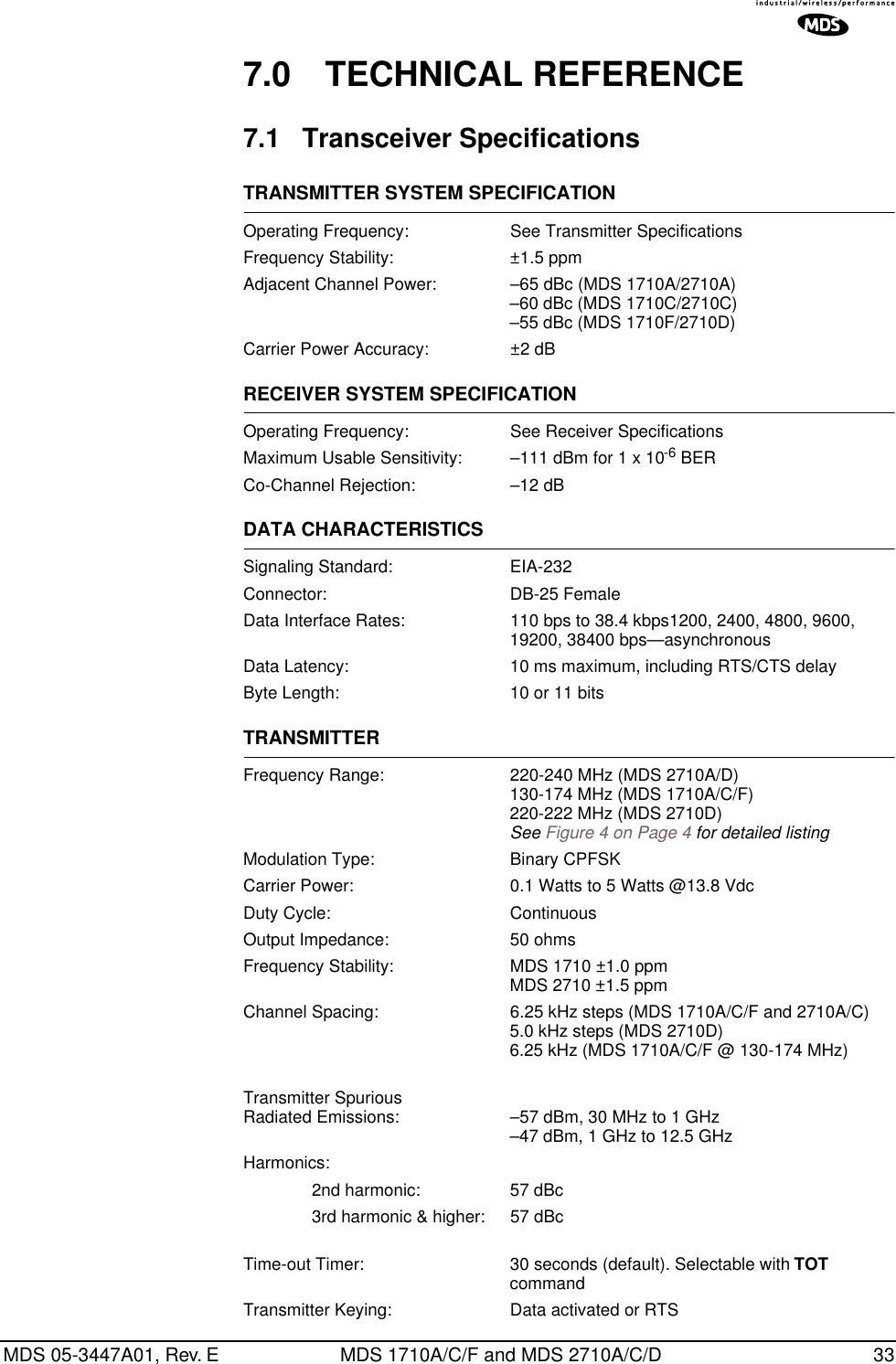 MDS 05-3447A01, Rev. E MDS 1710A/C/F and MDS 2710A/C/D 337.0 TECHNICAL REFERENCE7.1 Transceiver SpecificationsTRANSMITTER SYSTEM SPECIFICATIONOperating Frequency: See Transmitter SpecificationsFrequency Stability: ±1.5 ppmAdjacent Channel Power: –65 dBc (MDS 1710A/2710A)–60 dBc (MDS 1710C/2710C)–55 dBc (MDS 1710F/2710D)Carrier Power Accuracy: ±2 dBRECEIVER SYSTEM SPECIFICATIONOperating Frequency: See Receiver SpecificationsMaximum Usable Sensitivity: –111 dBm for 1 x 10-6 BERCo-Channel Rejection: –12 dBDATA CHARACTERISTICSSignaling Standard: EIA-232Connector: DB-25 FemaleData Interface Rates: 110 bps to 38.4 kbps1200, 2400, 4800, 9600, 19200, 38400 bps—asynchronousData Latency: 10 ms maximum, including RTS/CTS delayByte Length: 10 or 11 bitsTRANSMITTERFrequency Range: 220-240 MHz (MDS 2710A/D)130-174 MHz (MDS 1710A/C/F)220-222 MHz (MDS 2710D)See Figure 4 on Page 4 for detailed listingModulation Type: Binary CPFSKCarrier Power: 0.1 Watts to 5 Watts @13.8 VdcDuty Cycle: ContinuousOutput Impedance: 50 ohmsFrequency Stability: MDS 1710 ±1.0 ppmMDS 2710 ±1.5 ppmChannel Spacing: 6.25 kHz steps (MDS 1710A/C/F and 2710A/C)5.0 kHz steps (MDS 2710D)6.25 kHz (MDS 1710A/C/F @ 130-174 MHz)Transmitter SpuriousRadiated Emissions: –57 dBm, 30 MHz to 1 GHz–47 dBm, 1 GHz to 12.5 GHzHarmonics:2nd harmonic: 57 dBc3rd harmonic &amp; higher: 57 dBcTime-out Timer: 30 seconds (default). Selectable with TOT commandTransmitter Keying: Data activated or RTS