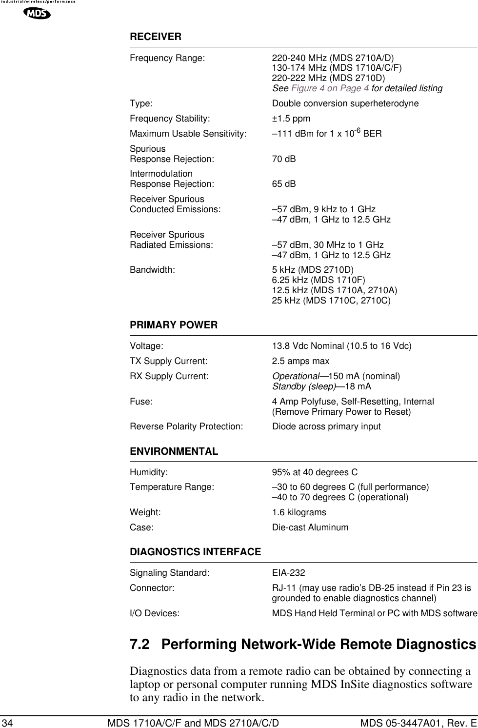 34 MDS 1710A/C/F and MDS 2710A/C/D MDS 05-3447A01, Rev. ERECEIVERFrequency Range: 220-240 MHz (MDS 2710A/D)130-174 MHz (MDS 1710A/C/F)220-222 MHz (MDS 2710D)See Figure 4 on Page 4 for detailed listingType: Double conversion superheterodyneFrequency Stability: ±1.5 ppmMaximum Usable Sensitivity: –111 dBm for 1 x 10-6 BERSpurious Response Rejection: 70 dBIntermodulation Response Rejection: 65 dBReceiver SpuriousConducted Emissions: –57 dBm, 9 kHz to 1 GHz–47 dBm, 1 GHz to 12.5 GHzReceiver SpuriousRadiated Emissions: –57 dBm, 30 MHz to 1 GHz–47 dBm, 1 GHz to 12.5 GHzBandwidth: 5 kHz (MDS 2710D)6.25 kHz (MDS 1710F)12.5 kHz (MDS 1710A, 2710A)25 kHz (MDS 1710C, 2710C)PRIMARY POWERVoltage: 13.8 Vdc Nominal (10.5 to 16 Vdc)TX Supply Current: 2.5 amps maxRX Supply Current: Operational—150 mA (nominal)Standby (sleep)—18 mAFuse: 4 Amp Polyfuse, Self-Resetting, Internal (Remove Primary Power to Reset)Reverse Polarity Protection: Diode across primary inputENVIRONMENTALHumidity: 95% at 40 degrees CTemperature Range: –30 to 60 degrees C (full performance)–40 to 70 degrees C (operational)Weight: 1.6 kilogramsCase: Die-cast AluminumDIAGNOSTICS INTERFACESignaling Standard: EIA-232Connector: RJ-11 (may use radio’s DB-25 instead if Pin 23 is grounded to enable diagnostics channel)I/O Devices: MDS Hand Held Terminal or PC with MDS software7.2 Performing Network-Wide Remote DiagnosticsDiagnostics data from a remote radio can be obtained by connecting a laptop or personal computer running MDS InSite diagnostics software to any radio in the network.