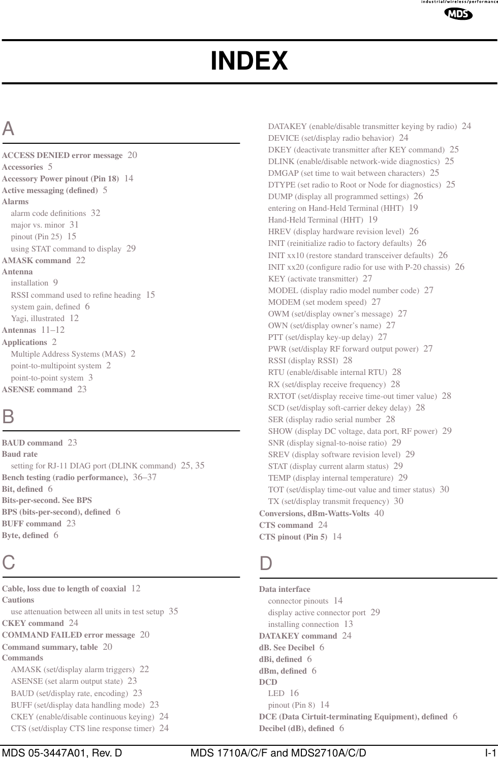 MDS 05-3447A01, Rev. D MDS 1710A/C/F and MDS2710A/C/D I-1INDEXAACCESS DENIED error message 20Accessories 5Accessory Power pinout (Pin 18) 14Active messaging (deﬁned) 5Alarmsalarm code deﬁnitions 32major vs. minor 31pinout (Pin 25) 15using STAT command to display 29AMASK command 22Antennainstallation 9RSSI command used to reﬁne heading 15system gain, deﬁned 6Yagi, illustrated 12Antennas 11–12Applications 2Multiple Address Systems (MAS) 2point-to-multipoint system 2point-to-point system 3ASENSE command 23BBAUD command 23Baud ratesetting for RJ-11 DIAG port (DLINK command) 25, 35Bench testing (radio performance), 36–37Bit, deﬁned 6Bits-per-second. See BPSBPS (bits-per-second), deﬁned 6BUFF command 23Byte, deﬁned 6CCable, loss due to length of coaxial 12Cautionsuse attenuation between all units in test setup 35CKEY command 24COMMAND FAILED error message 20Command summary, table 20CommandsAMASK (set/display alarm triggers) 22ASENSE (set alarm output state) 23BAUD (set/display rate, encoding) 23BUFF (set/display data handling mode) 23CKEY (enable/disable continuous keying) 24CTS (set/display CTS line response timer) 24DATAKEY (enable/disable transmitter keying by radio) 24DEVICE (set/display radio behavior) 24DKEY (deactivate transmitter after KEY command) 25DLINK (enable/disable network-wide diagnostics) 25DMGAP (set time to wait between characters) 25DTYPE (set radio to Root or Node for diagnostics) 25DUMP (display all programmed settings) 26entering on Hand-Held Terminal (HHT) 19Hand-Held Terminal (HHT) 19HREV (display hardware revision level) 26INIT (reinitialize radio to factory defaults) 26INIT xx10 (restore standard transceiver defaults) 26INIT xx20 (conﬁgure radio for use with P-20 chassis) 26KEY (activate transmitter) 27MODEL (display radio model number code) 27MODEM (set modem speed) 27OWM (set/display owner’s message) 27OWN (set/display owner’s name) 27PTT (set/display key-up delay) 27PWR (set/display RF forward output power) 27RSSI (display RSSI) 28RTU (enable/disable internal RTU) 28RX (set/display receive frequency) 28RXTOT (set/display receive time-out timer value) 28SCD (set/display soft-carrier dekey delay) 28SER (display radio serial number 28SHOW (display DC voltage, data port, RF power) 29SNR (display signal-to-noise ratio) 29SREV (display software revision level) 29STAT (display current alarm status) 29TEMP (display internal temperature) 29TOT (set/display time-out value and timer status) 30TX (set/display transmit frequency) 30Conversions, dBm-Watts-Volts 40CTS command 24CTS pinout (Pin 5) 14DData interfaceconnector pinouts 14display active connector port 29installing connection 13DATAKEY command 24dB. See Decibel 6dBi, deﬁned 6dBm, deﬁned 6DCDLED 16pinout (Pin 8) 14DCE (Data Cirtuit-terminating Equipment), deﬁned 6Decibel (dB), deﬁned 6