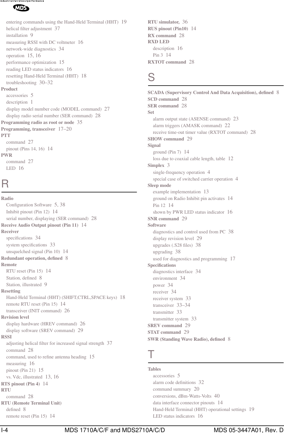 I-4 MDS 1710A/C/F and MDS2710A/C/D MDS 05-3447A01, Rev. Dentering commands using the Hand-Held Terminal (HHT) 19helical ﬁlter adjustment 37installation 9measuring RSSI with DC voltmeter 16network-wide diagnostics 34operation 15, 16performance optimization 15reading LED status indicators 16resetting Hand-Held Terminal (HHT) 18troubleshooting 30–32Productaccessories 5description 1display model number code (MODEL command) 27display radio serial number (SER command) 28Programming radio as root or node 35Programming, transceiver 17–20PTTcommand 27pinout (Pins 14, 16) 14PWRcommand 27LED 16RRadioConﬁguration Software 5, 38Inhibit pinout (Pin 12) 14serial number, displaying (SER command) 28Receive Audio Output pinout (Pin 11) 14Receiverspeciﬁcations 34system speciﬁcations 33unsquelched signal (Pin 10) 14Redundant operation, deﬁned 8RemoteRTU reset (Pin 15) 14Station, deﬁned 8Station, illustrated 9ResettingHand-Held Terminal (HHT) (SHIFT,CTRL,SPACE keys) 18remote RTU reset (Pin 15) 14transceiver (INIT command) 26Revision leveldisplay hardware (HREV command) 26display software (SREV command) 29RSSIadjusting helical ﬁlter for increased signal strength 37command 28command, used to reﬁne antenna heading 15measuring 16pinout (Pin 21) 15vs. Vdc, illustrated 13, 16RTS pinout (Pin 4) 14RTUcommand 28RTU (Remote Terminal Unit)deﬁned 8remote reset (Pin 15) 14RTU simulator, 36RUS pinout (Pin10) 14RX command 28RXD LEDdescription 16Pin 3 14RXTOT command 28SSCADA (Supervisory Control And Data Acquisition), deﬁned 8SCD command 28SER command 28Setalarm output state (ASENSE command) 23alarm triggers (AMASK command) 22receive time-out timer value (RXTOT command) 28SHOW command 29Signalground (Pin 7) 14loss due to coaxial cable length, table 12Simplex 3single-frequency operation 4special case of switched carrier operation 4Sleep modeexample implementation 13ground on Radio Inhibit pin activates 14Pin 12 14shown by PWR LED status indicator 16SNR command 29Softwarediagnostics and control used from PC 38display revision level 29upgrades (.S28 ﬁles) 38upgrading 38used for diagnostics and programming 17Speciﬁcationsdiagnostics interface 34environment 34power 34receiver 34receiver system 33transceiver 33–34transmitter 33transmitter system 33SREV command 29STAT command 29SWR (Standing Wave Radio), deﬁned 8TTablesaccessories 5alarm code deﬁnitions 32command summary 20conversions, dBm-Watts-Volts 40data interface connector pinouts 14Hand-Held Terminal (HHT) operational settings 19LED status indicators 16
