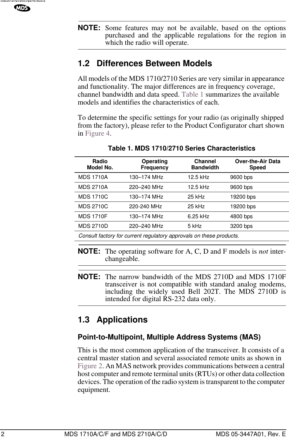  2 MDS 1710A/C/F and MDS 2710A/C/D MDS 05-3447A01, Rev. E NOTE: Some features may not be available, based on the optionspurchased and the applicable regulations for the region in which the radio will operate. 1.2 Differences Between Models All models of the MDS 1710/2710 Series are very similar in appearance and functionality. The major differences are in frequency coverage, channel bandwidth and data speed. Table 1 summarizes the available models and identifies the characteristics of each. To determine the specific settings for your radio (as originally shipped from the factory), please refer to the Product Configurator chart shown in Figure 4.  NOTE: The operating software for A, C, D and F models is  not  inter- changeable. NOTE: The narrow bandwidth of the MDS 2710D and MDS 1710Ftransceiver is not compatible with standard analog modems,including the widely used Bell 202T. The MDS 2710D is intended for digital RS-232 data only. 1.3 Applications Point-to-Multipoint, Multiple Address Systems (MAS) This is the most common application of the transceiver. It consists of a central master station and several associated remote units as shown in Figure 2. An MAS network provides communications between a central host computer and remote terminal units (RTUs) or other data collection devices. The operation of the radio system is transparent to the computer equipment. Table 1. MDS 1710/2710 Series Characteristics Radio Model No. Operating Frequency Channel Bandwidth Over-the-Air Data Speed MDS 1710A 130–174 MHz 12.5 kHz 9600 bpsMDS 2710A 220–240 MHz 12.5 kHz 9600 bpsMDS 1710C 130–174 MHz 25 kHz 19200 bpsMDS 2710C 220-240 MHz 25 kHz 19200 bpsMDS 1710F 130–174 MHz 6.25 kHz 4800 bpsMDS 2710D 220–240 MHz 5 kHz 3200 bps Consult factory for current regulatory approvals on these products.