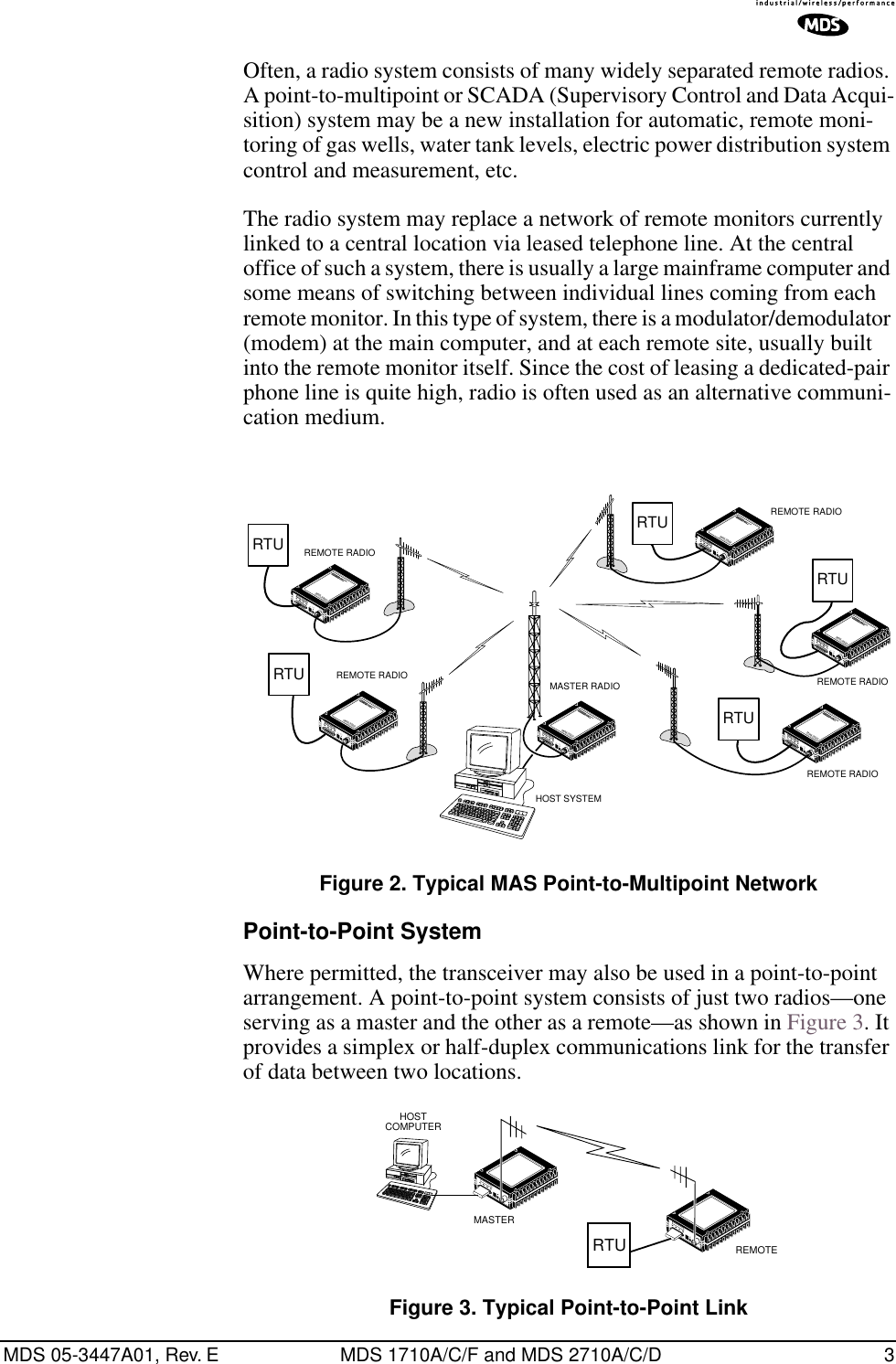  MDS 05-3447A01, Rev. E MDS 1710A/C/F and MDS 2710A/C/D 3 Often, a radio system consists of many widely separated remote radios. A point-to-multipoint or SCADA (Supervisory Control and Data Acqui-sition) system may be a new installation for automatic, remote moni-toring of gas wells, water tank levels, electric power distribution system control and measurement, etc.The radio system may replace a network of remote monitors currently linked to a central location via leased telephone line. At the central office of such a system, there is usually a large mainframe computer and some means of switching between individual lines coming from each remote monitor. In this type of system, there is a modulator/demodulator (modem) at the main computer, and at each remote site, usually built into the remote monitor itself. Since the cost of leasing a dedicated-pair phone line is quite high, radio is often used as an alternative communi-cation medium. Invisible place holder Figure 2. Typical MAS Point-to-Multipoint Network Point-to-Point System Where permitted, the transceiver may also be used in a point-to-point arrangement.   A point-to-point system consists of just two radios—one serving as a master and the other as a remote—as shown in Figure 3. It provides a simplex or half-duplex communications link for the transfer of data between two locations. Figure 3. Typical Point-to-Point Link –MDS 9810DATA TRANSCEIVERMDS 9810DATA INTERFACEIDIAG13.8 VDCPWRSYNCTXDRXDANTENNA+      – –MDS 9810DATA TRANSCEIVERMDS 9810DATA INTERFACEIDIAG13.8 VDCPWRSYNCTXDRXDANTENNA+      – –MDS 9810DATA TRANSCEIVERMDS 9810DATA INTERFACEIDIAG13.8 VDCPWRSYNCTXDRXDANTENNA+      – –MDS 9810DATA TRANSCEIVERMDS 9810DATA INTERFACEIDIAG13.8 VDCPWRSYNCTXDRXDANTENNA+      – –MDS 9810DATA TRANSCEIVERMDS 9810DATA INTERFACEIDIAG13.8 VDCPWRSYNCTXDRXDANTENNA+      – –MDS 9810DATA TRANSCEIVERMDS 9810DATA INTERFACEIDIAG13.8 VDCPWRSYNCTXDRXDANTENNA+      –REMOTE RADIOREMOTE RADIO MASTER RADIOHOST SYSTEMREMOTE RADIOREMOTE RADIOREMOTE RADIORTURTURTURTURTUREMOTEMASTERHOSTCOMPUTERRTU