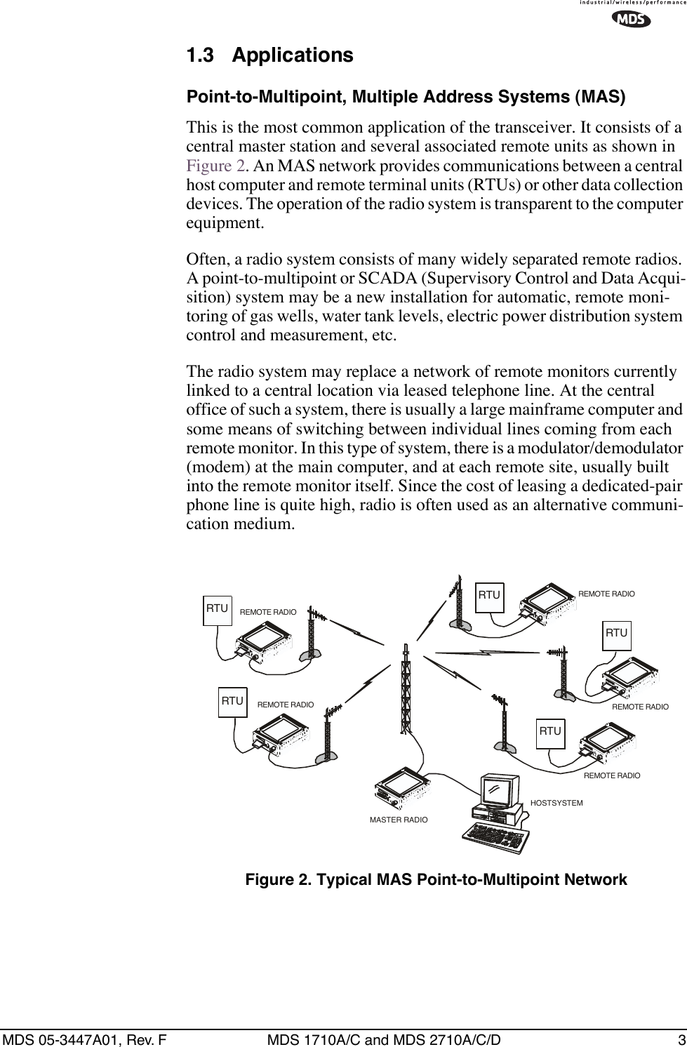  MDS 05-3447A01, Rev. F MDS 1710A/C and MDS 2710A/C/D 3 1.3 Applications Point-to-Multipoint, Multiple Address Systems (MAS) This is the most common application of the transceiver. It consists of a central master station and several associated remote units as shown in Figure 2. An MAS network provides communications between a central host computer and remote terminal units (RTUs) or other data collection devices. The operation of the radio system is transparent to the computer equipment.Often, a radio system consists of many widely separated remote radios. A point-to-multipoint or SCADA (Supervisory Control and Data Acqui-sition) system may be a new installation for automatic, remote moni-toring of gas wells, water tank levels, electric power distribution system control and measurement, etc.The radio system may replace a network of remote monitors currently linked to a central location via leased telephone line. At the central office of such a system, there is usually a large mainframe computer and some means of switching between individual lines coming from each remote monitor. In this type of system, there is a modulator/demodulator (modem) at the main computer, and at each remote site, usually built into the remote monitor itself. Since the cost of leasing a dedicated-pair phone line is quite high, radio is often used as an alternative communi-cation medium. Invisible place holder Figure 2. Typical MAS Point-to-Multipoint NetworkRTURTURTURTURTUREMOTE RADIOREMOTE RADIOREMOTE RADIOREMOTE RADIOREMOTE RADIOHOSTSYSTEMMASTER RADIO