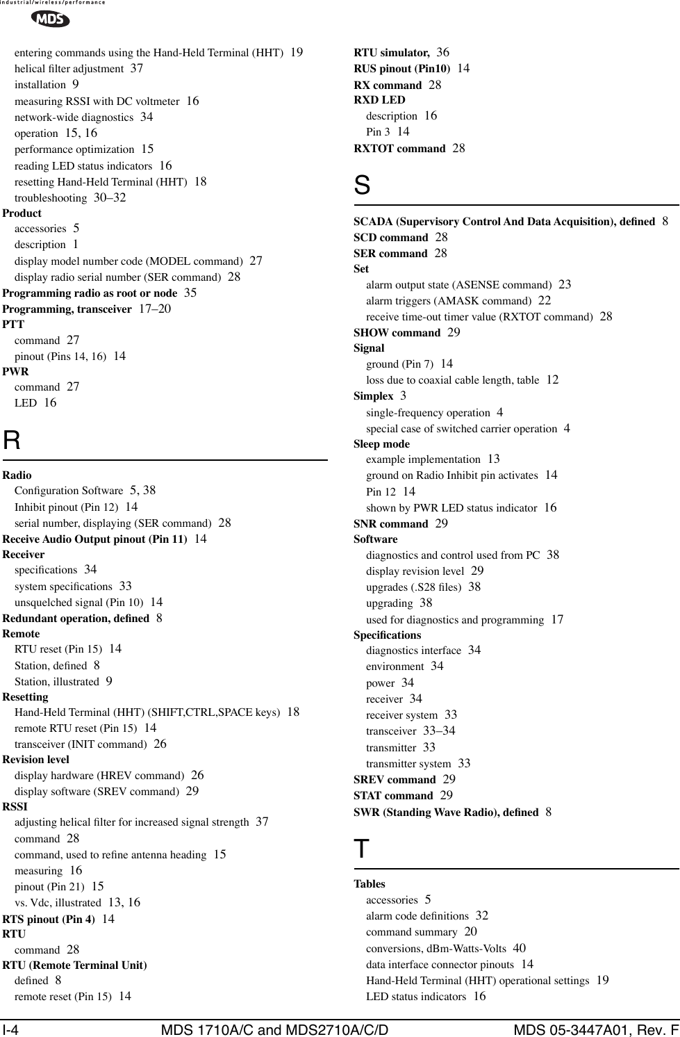 I-4 MDS 1710A/C and MDS2710A/C/D MDS 05-3447A01, Rev. Fentering commands using the Hand-Held Terminal (HHT) 19helical ﬁlter adjustment 37installation 9measuring RSSI with DC voltmeter 16network-wide diagnostics 34operation 15, 16performance optimization 15reading LED status indicators 16resetting Hand-Held Terminal (HHT) 18troubleshooting 30–32Productaccessories 5description 1display model number code (MODEL command) 27display radio serial number (SER command) 28Programming radio as root or node 35Programming, transceiver 17–20PTTcommand 27pinout (Pins 14, 16) 14PWRcommand 27LED 16RRadioConﬁguration Software 5, 38Inhibit pinout (Pin 12) 14serial number, displaying (SER command) 28Receive Audio Output pinout (Pin 11) 14Receiverspeciﬁcations 34system speciﬁcations 33unsquelched signal (Pin 10) 14Redundant operation, deﬁned 8RemoteRTU reset (Pin 15) 14Station, deﬁned 8Station, illustrated 9ResettingHand-Held Terminal (HHT) (SHIFT,CTRL,SPACE keys) 18remote RTU reset (Pin 15) 14transceiver (INIT command) 26Revision leveldisplay hardware (HREV command) 26display software (SREV command) 29RSSIadjusting helical ﬁlter for increased signal strength 37command 28command, used to reﬁne antenna heading 15measuring 16pinout (Pin 21) 15vs. Vdc, illustrated 13, 16RTS pinout (Pin 4) 14RTUcommand 28RTU (Remote Terminal Unit)deﬁned 8remote reset (Pin 15) 14RTU simulator, 36RUS pinout (Pin10) 14RX command 28RXD LEDdescription 16Pin 3 14RXTOT command 28SSCADA (Supervisory Control And Data Acquisition), deﬁned 8SCD command 28SER command 28Setalarm output state (ASENSE command) 23alarm triggers (AMASK command) 22receive time-out timer value (RXTOT command) 28SHOW command 29Signalground (Pin 7) 14loss due to coaxial cable length, table 12Simplex 3single-frequency operation 4special case of switched carrier operation 4Sleep modeexample implementation 13ground on Radio Inhibit pin activates 14Pin 12 14shown by PWR LED status indicator 16SNR command 29Softwarediagnostics and control used from PC 38display revision level 29upgrades (.S28 ﬁles) 38upgrading 38used for diagnostics and programming 17Speciﬁcationsdiagnostics interface 34environment 34power 34receiver 34receiver system 33transceiver 33–34transmitter 33transmitter system 33SREV command 29STAT command 29SWR (Standing Wave Radio), deﬁned 8TTablesaccessories 5alarm code deﬁnitions 32command summary 20conversions, dBm-Watts-Volts 40data interface connector pinouts 14Hand-Held Terminal (HHT) operational settings 19LED status indicators 16