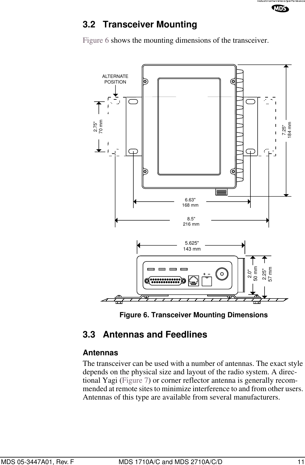 MDS 05-3447A01, Rev. F MDS 1710A/C and MDS 2710A/C/D 113.2 Transceiver MountingFigure 6 shows the mounting dimensions of the transceiver.Invisible place holderFigure 6. Transceiver Mounting Dimensions3.3 Antennas and FeedlinesAntennasThe transceiver can be used with a number of antennas. The exact style depends on the physical size and layout of the radio system. A direc-tional Yagi (Figure 7) or corner reflector antenna is generally recom-mended at remote sites to minimize interference to and from other users. Antennas of this type are available from several manufacturers.8.5&quot;216 mm1.75&quot;4.44 CM6.63&quot;168 mm2.75&quot;70 mm7.25&quot;184 mmALTERNATEPOSITION5.625&quot;143 mm2.25&quot;57 mm2.0&quot;50 mm