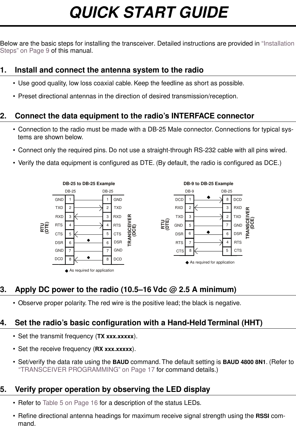  QUICK START GUIDE Below are the basic steps for installing the transceiver. Detailed instructions are provided in “Installation Steps” on Page 9 of this manual. 1. Install and connect the antenna system to the radio • Use good quality, low loss coaxial cable. Keep the feedline as short as possible.• Preset directional antennas in the direction of desired transmission/reception. 2. Connect the data equipment to the radio’s INTERFACE connector • Connection to the radio must be made with a DB-25 Male connector. Connections for typical sys-tems are shown below. • Connect only the required pins. Do not use a straight-through RS-232 cable with all pins wired.• Verify the data equipment is conﬁgured as DTE. (By default, the radio is conﬁgured as DCE.) 3. Apply DC power to the radio (10.5–16 Vdc @ 2.5 A minimum) • Observe proper polarity. The red wire is the positive lead; the black is negative. 4. Set the radio’s basic conﬁguration with a Hand-Held Terminal (HHT) • Set the transmit frequency ( TX xxx.xxxxx ).• Set the receive frequency ( RX xxx.xxxxx ).• Set/verify the data rate using the  BAUD  command. The default setting is  BAUD 4800 8N1 . (Refer to “TRANSCEIVER PROGRAMMING” on Page 17 for command details.) 5. Verify proper operation by observing the LED display • Refer to Table 5 on Page 16 for a description of the status LEDs.• Reﬁne directional antenna headings for maximum receive signal strength using the  RSSI  com-mand. DB-25 DB-25232345206DSR DSR6TXDRXDGNDRTSCTSTXDRXDGND4CTS5RTSDB-9 DB-25DB-9 to DB-25 ExampleDB-25 to DB-25 Example114523325207RXDTXDDCDGNDDSRRTSRXDTXDDCDGNDAs required for application51876CTSDSRRTSCTS864577GND GND8 8DCD DCDAs required for applicationRTU(DTE)TRANSCEIVER(DCE)RTU(DTE)TRANSCEIVER(DCE)