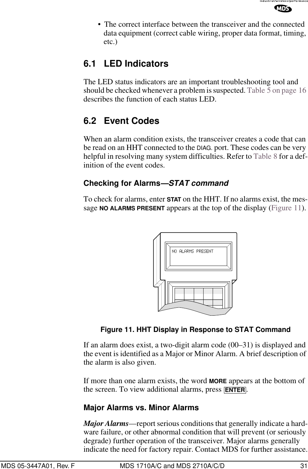 MDS 05-3447A01, Rev. F MDS 1710A/C and MDS 2710A/C/D 31• The correct interface between the transceiver and the connected data equipment (correct cable wiring, proper data format, timing, etc.)6.1 LED IndicatorsThe LED status indicators are an important troubleshooting tool and should be checked whenever a problem is suspected. Table 5 on page 16 describes the function of each status LED.6.2 Event CodesWhen an alarm condition exists, the transceiver creates a code that can be read on an HHT connected to the DIAG. port. These codes can be very helpful in resolving many system difficulties. Refer to Table 8 for a def-inition of the event codes.Checking for Alarms—STAT commandTo check for alarms, enter STAT on the HHT. If no alarms exist, the mes-sage NO ALARMS PRESENT appears at the top of the display (Figure 11).Invisible place holderFigure 11. HHT Display in Response to STAT CommandIf an alarm does exist, a two-digit alarm code (00–31) is displayed and the event is identified as a Major or Minor Alarm. A brief description of the alarm is also given.If more than one alarm exists, the word MORE appears at the bottom of the screen. To view additional alarms, press  .Major Alarms vs. Minor AlarmsMajor Alarms—report serious conditions that generally indicate a hard-ware failure, or other abnormal condition that will prevent (or seriously degrade) further operation of the transceiver. Major alarms generally indicate the need for factory repair. Contact MDS for further assistance.ENTER