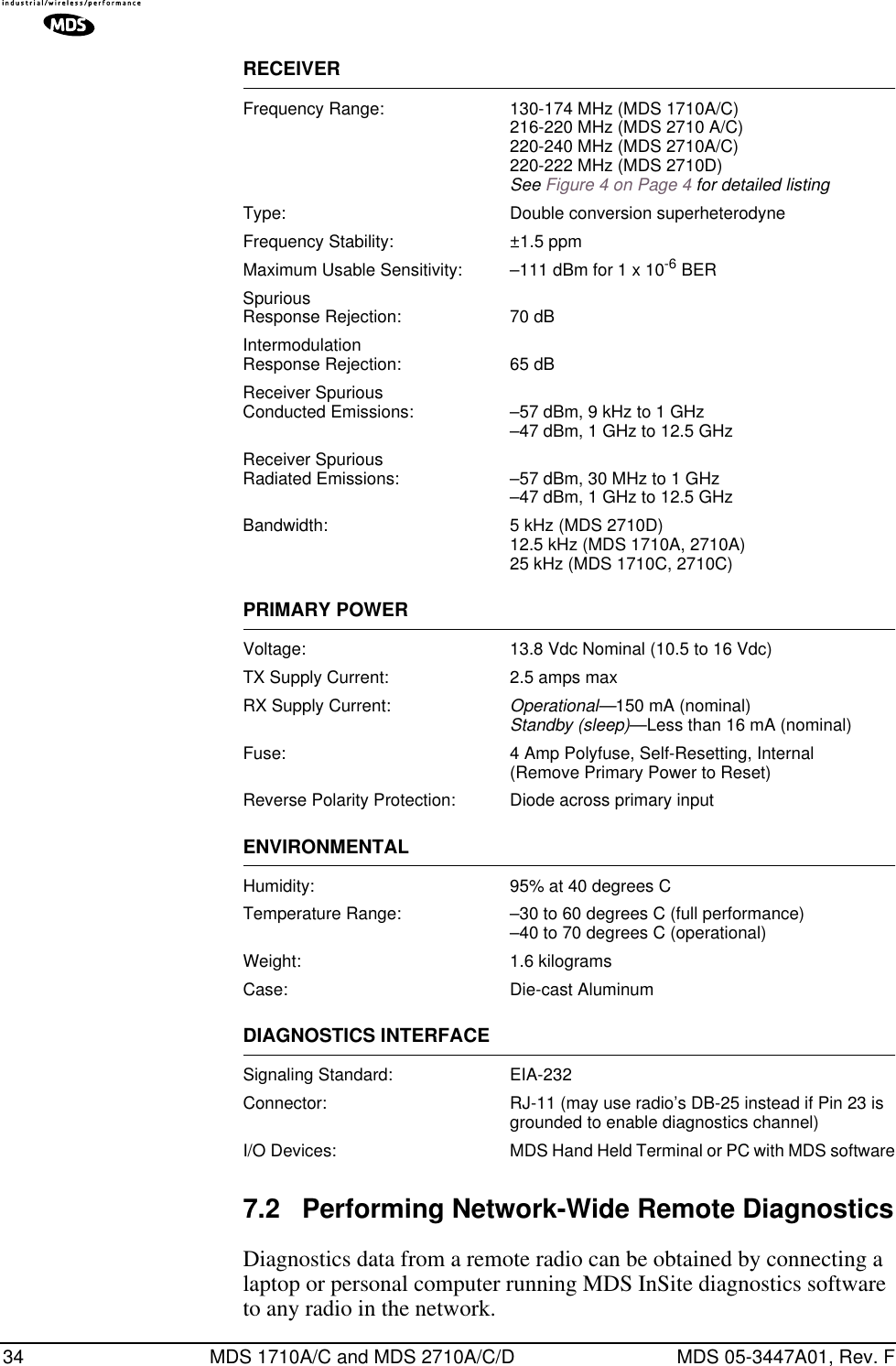 34 MDS 1710A/C and MDS 2710A/C/D MDS 05-3447A01, Rev. FRECEIVERFrequency Range: 130-174 MHz (MDS 1710A/C)216-220 MHz (MDS 2710 A/C)220-240 MHz (MDS 2710A/C)220-222 MHz (MDS 2710D)See Figure 4 on Page 4 for detailed listingType: Double conversion superheterodyneFrequency Stability: ±1.5 ppmMaximum Usable Sensitivity: –111 dBm for 1 x 10-6 BERSpurious Response Rejection: 70 dBIntermodulation Response Rejection: 65 dBReceiver SpuriousConducted Emissions: –57 dBm, 9 kHz to 1 GHz–47 dBm, 1 GHz to 12.5 GHzReceiver SpuriousRadiated Emissions: –57 dBm, 30 MHz to 1 GHz–47 dBm, 1 GHz to 12.5 GHzBandwidth: 5 kHz (MDS 2710D)12.5 kHz (MDS 1710A, 2710A)25 kHz (MDS 1710C, 2710C)PRIMARY POWERVoltage: 13.8 Vdc Nominal (10.5 to 16 Vdc)TX Supply Current: 2.5 amps maxRX Supply Current: Operational—150 mA (nominal)Standby (sleep)—Less than 16 mA (nominal)Fuse: 4 Amp Polyfuse, Self-Resetting, Internal (Remove Primary Power to Reset)Reverse Polarity Protection: Diode across primary inputENVIRONMENTALHumidity: 95% at 40 degrees CTemperature Range: –30 to 60 degrees C (full performance)–40 to 70 degrees C (operational)Weight: 1.6 kilogramsCase: Die-cast AluminumDIAGNOSTICS INTERFACESignaling Standard: EIA-232Connector: RJ-11 (may use radio’s DB-25 instead if Pin 23 is grounded to enable diagnostics channel)I/O Devices: MDS Hand Held Terminal or PC with MDS software7.2 Performing Network-Wide Remote DiagnosticsDiagnostics data from a remote radio can be obtained by connecting a laptop or personal computer running MDS InSite diagnostics software to any radio in the network.