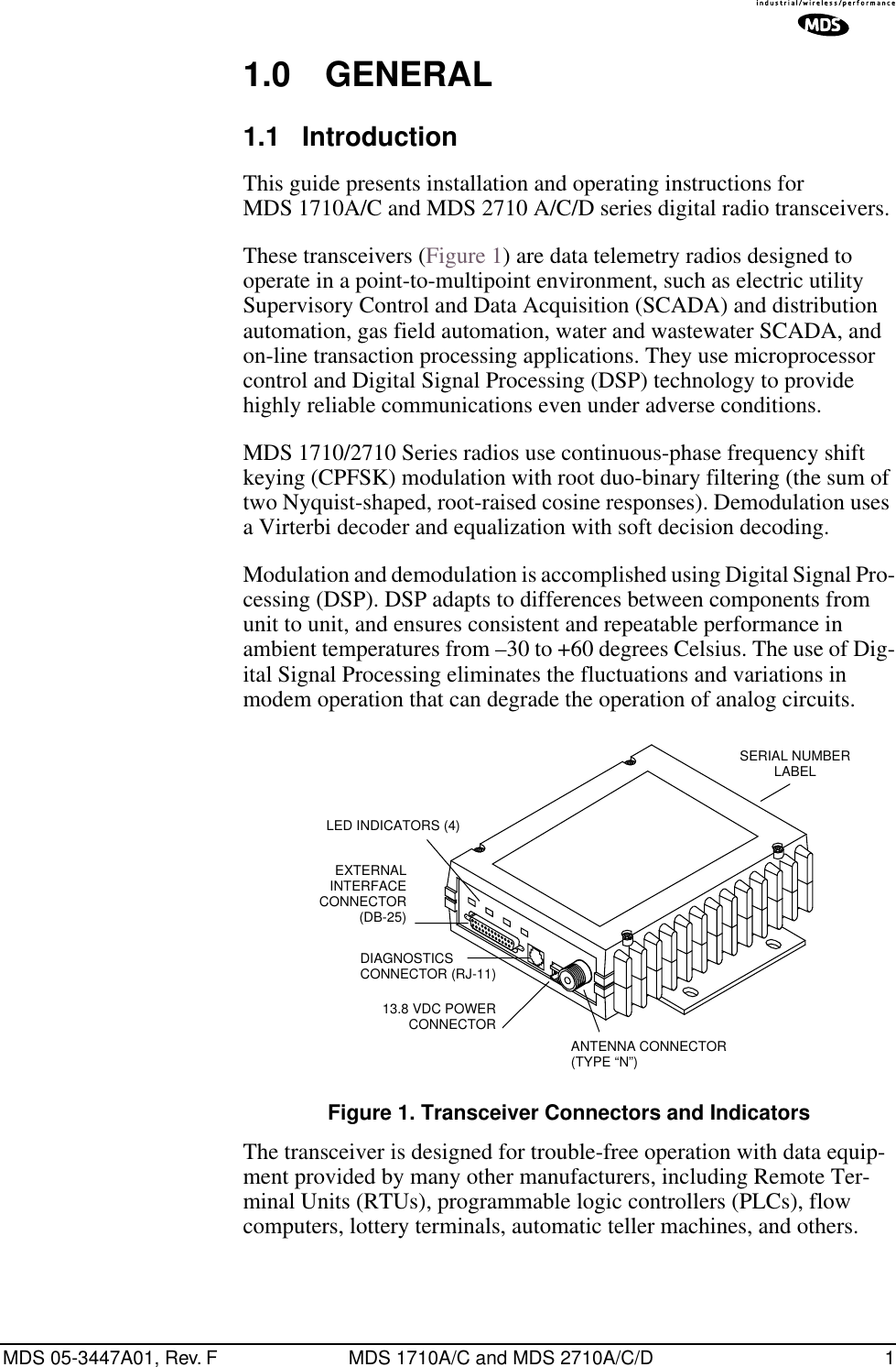  MDS 05-3447A01, Rev. F MDS 1710A/C and MDS 2710A/C/D 1 1.0 GENERAL 1.1 Introduction This guide presents installation and operating instructions for MDS 1710A/C and MDS 2710 A/C/D series digital radio transceivers.These transceivers (Figure 1) are data telemetry radios designed to operate in a point-to-multipoint environment, such as electric utility Supervisory Control and Data Acquisition (SCADA) and distribution automation, gas field automation, water and wastewater SCADA, and on-line transaction processing applications. They use microprocessor control and Digital Signal Processing (DSP) technology to provide highly reliable communications even under adverse conditions.MDS 1710/2710 Series radios use continuous-phase frequency shift keying (CPFSK) modulation with root duo-binary filtering (the sum of two Nyquist-shaped, root-raised cosine responses). Demodulation uses a Virterbi decoder and equalization with soft decision decoding.Modulation and demodulation is accomplished using Digital Signal Pro-cessing (DSP). DSP adapts to differences between components from unit to unit, and ensures consistent and repeatable performance in ambient temperatures from –30 to +60 degrees Celsius. The use of Dig-ital Signal Processing eliminates the fluctuations and variations in modem operation that can degrade the operation of analog circuits. Figure 1. Transceiver Connectors and Indicators The transceiver is designed for trouble-free operation with data equip-ment provided by many other manufacturers, including Remote Ter-minal Units (RTUs), programmable logic controllers (PLCs), flow computers, lottery terminals, automatic teller machines, and others.EXTERNAL INTERFACECONNECTOR(DB-25)DIAGNOSTICS CONNECTOR (RJ-11)13.8 VDC POWER CONNECTORANTENNA CONNECTOR(TYPE “N”)SERIAL NUMBERLABELLED INDICATORS (4)