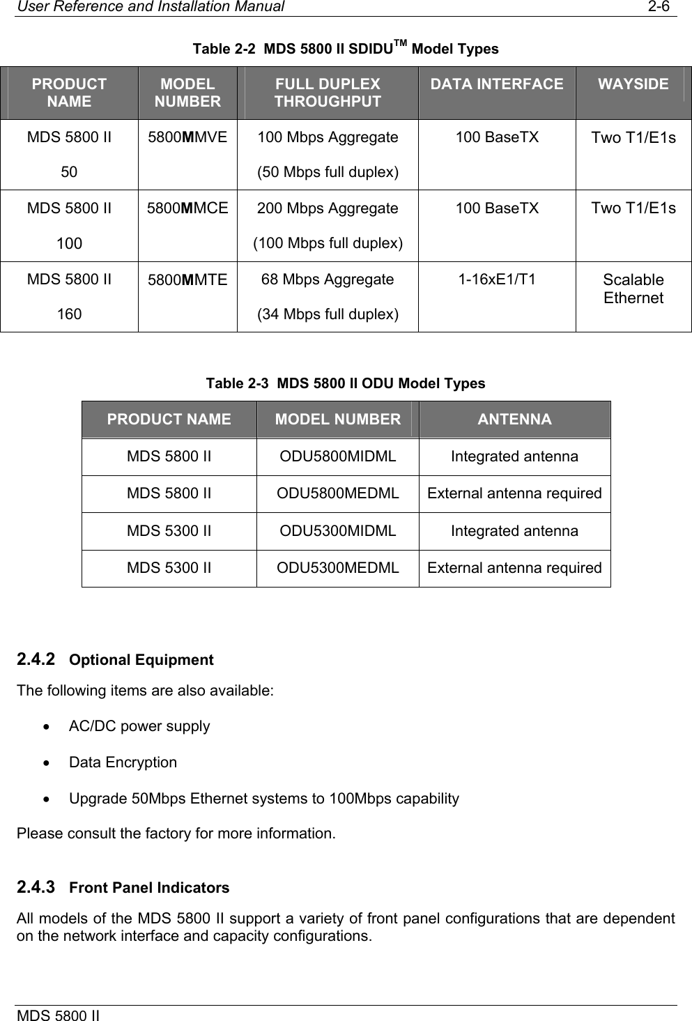 User Reference and Installation Manual   2-6 MDS 5800 II      Table 2-2  MDS 5800 II SDIDUTM Model Types PRODUCT NAME MODEL NUMBER FULL DUPLEX THROUGHPUT DATA INTERFACE WAYSIDE MDS 5800 II 50 5800MMVE 100 Mbps Aggregate (50 Mbps full duplex) 100 BaseTX Two T1/E1s MDS 5800 II  100 5800MMCE  200 Mbps Aggregate (100 Mbps full duplex) 100 BaseTX Two T1/E1s MDS 5800 II  160 5800MMTE  68 Mbps Aggregate (34 Mbps full duplex) 1-16xE1/T1 Scalable Ethernet  Table 2-3  MDS 5800 II ODU Model Types PRODUCT NAME MODEL NUMBER ANTENNA MDS 5800 II ODU5800MIDML Integrated antenna MDS 5800 II ODU5800MEDML External antenna required MDS 5300 II ODU5300MIDML Integrated antenna MDS 5300 II ODU5300MEDML External antenna required  2.4.2  Optional Equipment The following items are also available:  •  AC/DC power supply •  Data Encryption •  Upgrade 50Mbps Ethernet systems to 100Mbps capability Please consult the factory for more information. 2.4.3  Front Panel Indicators All models of the MDS 5800 II support a variety of front panel configurations that are dependent on the network interface and capacity configurations.  