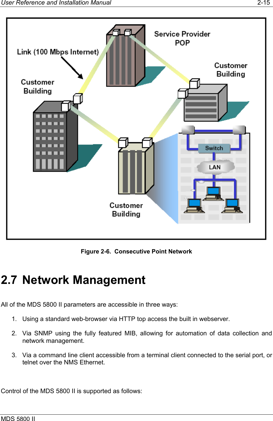 User Reference and Installation Manual   2-15 MDS 5800 II       Figure 2-6.  Consecutive Point Network 2.7 Network Management All of the MDS 5800 II parameters are accessible in three ways: 1.  Using a standard web-browser via HTTP top access the built in webserver. 2.  Via SNMP using the fully featured MIB, allowing for automation of data collection and network management. 3.  Via a command line client accessible from a terminal client connected to the serial port, or telnet over the NMS Ethernet.  Control of the MDS 5800 II is supported as follows: 