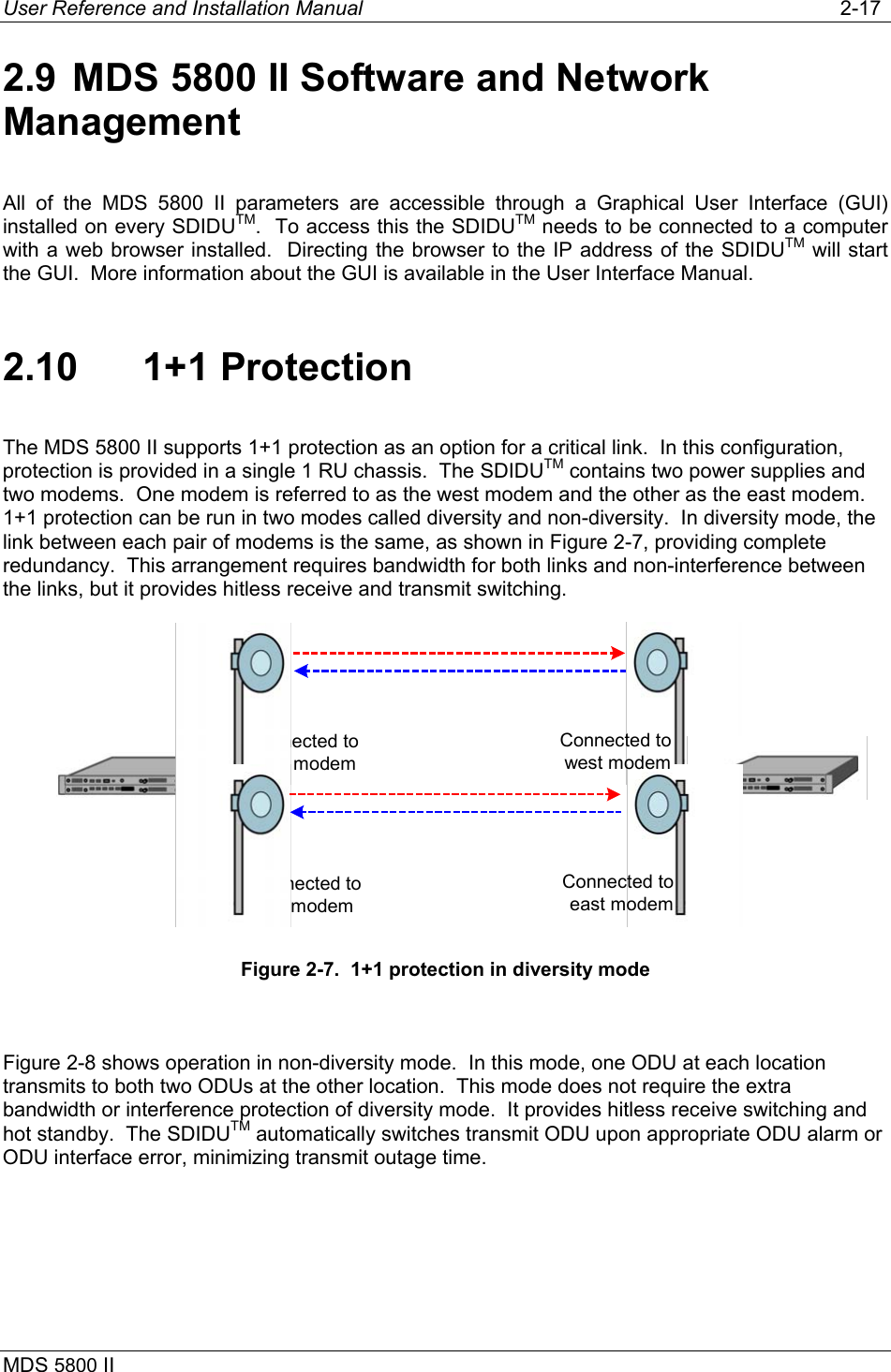 User Reference and Installation Manual   2-17 MDS 5800 II      2.9  MDS 5800 II Software and Network Management All of the MDS 5800 II parameters are accessible through a Graphical User Interface (GUI) installed on every SDIDUTM.  To access this the SDIDUTM needs to be connected to a computer with a web browser installed.  Directing the browser to the IP address of the SDIDUTM will start the GUI.  More information about the GUI is available in the User Interface Manual. 2.10 1+1 Protection The MDS 5800 II supports 1+1 protection as an option for a critical link.  In this configuration, protection is provided in a single 1 RU chassis.  The SDIDUTM contains two power supplies and two modems.  One modem is referred to as the west modem and the other as the east modem.    1+1 protection can be run in two modes called diversity and non-diversity.  In diversity mode, the link between each pair of modems is the same, as shown in Figure 2-7, providing complete redundancy.  This arrangement requires bandwidth for both links and non-interference between the links, but it provides hitless receive and transmit switching. Connected towest modemConnected toeast modemConnected towest modemConnected toeast modem Figure 2-7.  1+1 protection in diversity mode  Figure 2-8 shows operation in non-diversity mode.  In this mode, one ODU at each location transmits to both two ODUs at the other location.  This mode does not require the extra bandwidth or interference protection of diversity mode.  It provides hitless receive switching and hot standby.  The SDIDUTM automatically switches transmit ODU upon appropriate ODU alarm or ODU interface error, minimizing transmit outage time. 