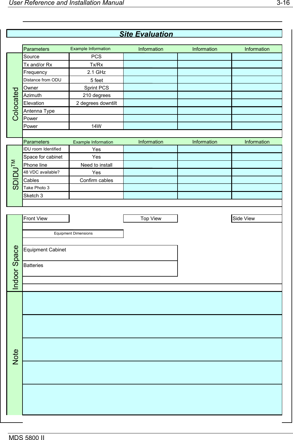 User Reference and Installation Manual   3-16 MDS 5800 II                               Site Evaluation Parameters Example Information Information Information InformationSource PCS Tx and/or Rx Tx/Rx Frequency 2.1 GHz Distance from ODU 5 feet Owner Sprint PCSAzimuth 210 degreesElevation 2 degrees downtiltAntenna Type Power Power 14W Parameters Example Information Information Information InformationIDU room Identified Yes Space for cabinet Yes Phone line Need to install48 VDC available? Yes Cables Confirm cablesTake Photo 3 Sketch 3 Front View Top View Side View Equipment Cabinet Batteries NoteEquipment Dimensions Colocated SDIDUTM Indoor Space 