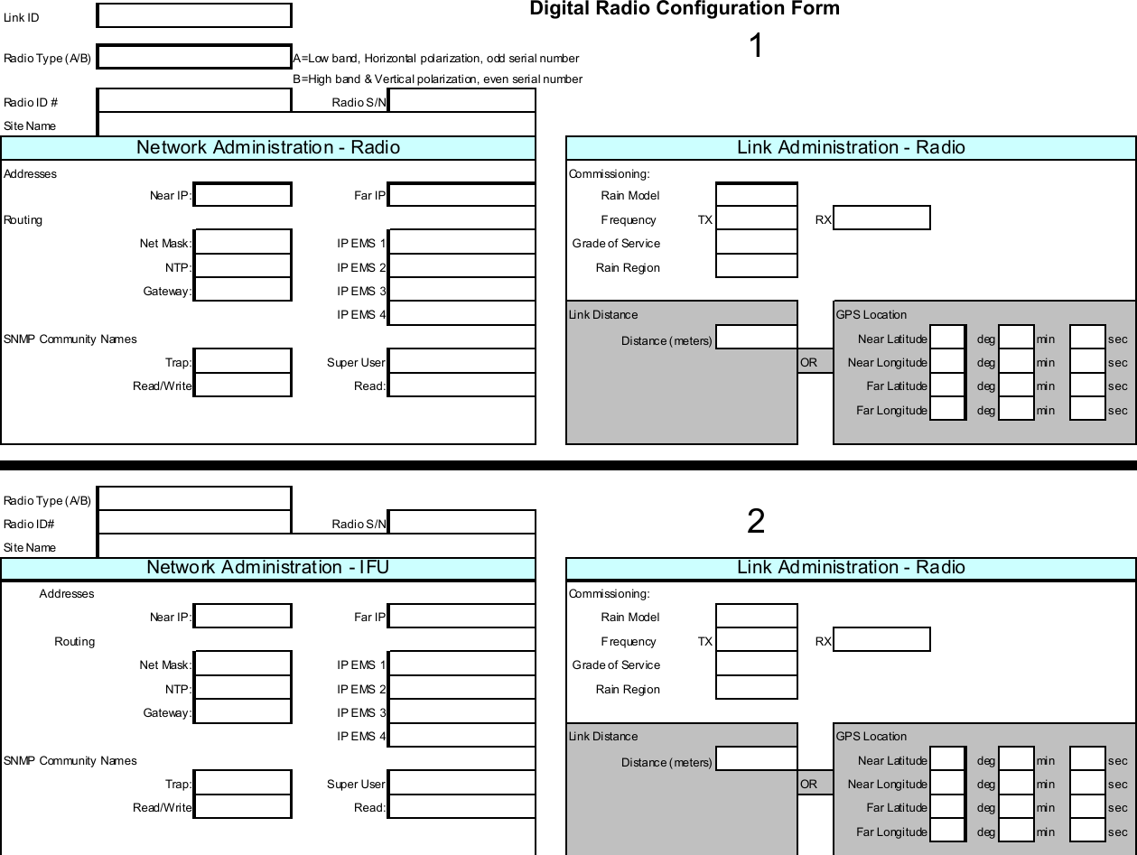 AB-Full Access Digital Radio Configuration Form Link IDRadio Type (A/B) A=Low band, Horizontal polarization, odd serial numberB=High band &amp; Vertical polarization, even serial numberRadio ID # Radio S/NSite NameAddresses Commissioning:Near IP: Far IP Rain ModelRo u t i ng Frequency TX RXNet Mask: IP EMS 1 Grade of ServiceNTP: IP EMS 2 Rain RegionGateway: IP EMS 3IP E MS 4 Li n k Di stanc e GP S LocationSNMP Community Names Near Latitude deg min secTrap: Super User OR Near Longitude deg min secRead/Write Read: Far Latitude deg min secFar Longitude deg min secRa d i o Ty p e ( A/ B)Radio ID# Radio S/NSite Name Addresses Commissioning:Near IP: Far IP Rain ModelRouting F requency TX RXNet Mask: IP EMS 1 Grade of ServiceNTP: IP EMS 2 Rain RegionGateway: IP EMS 3IP E MS 4 Li n k Di stanc e GP S LocationSNMP Community Names Near Latitude deg min secTrap: Super User OR Near Longitude deg min secRead/Write Read: Far Latitude deg min secFar Longitude deg min secDistance (meters)Network Administration - RadioDistance (meters)Link Administration - Radio12Network Administration - IFU Link Administration - Radio